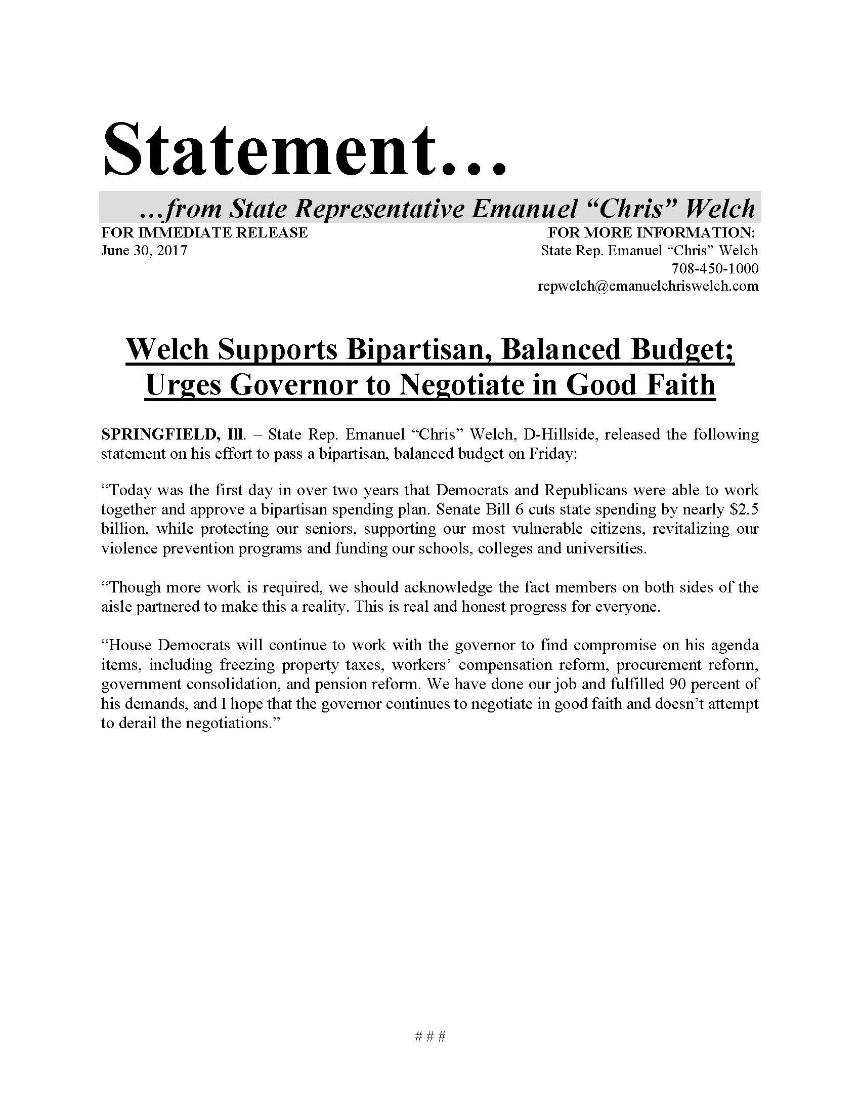 Welch Supports Bipartisan, Balanced Budget (June 30, 2017)