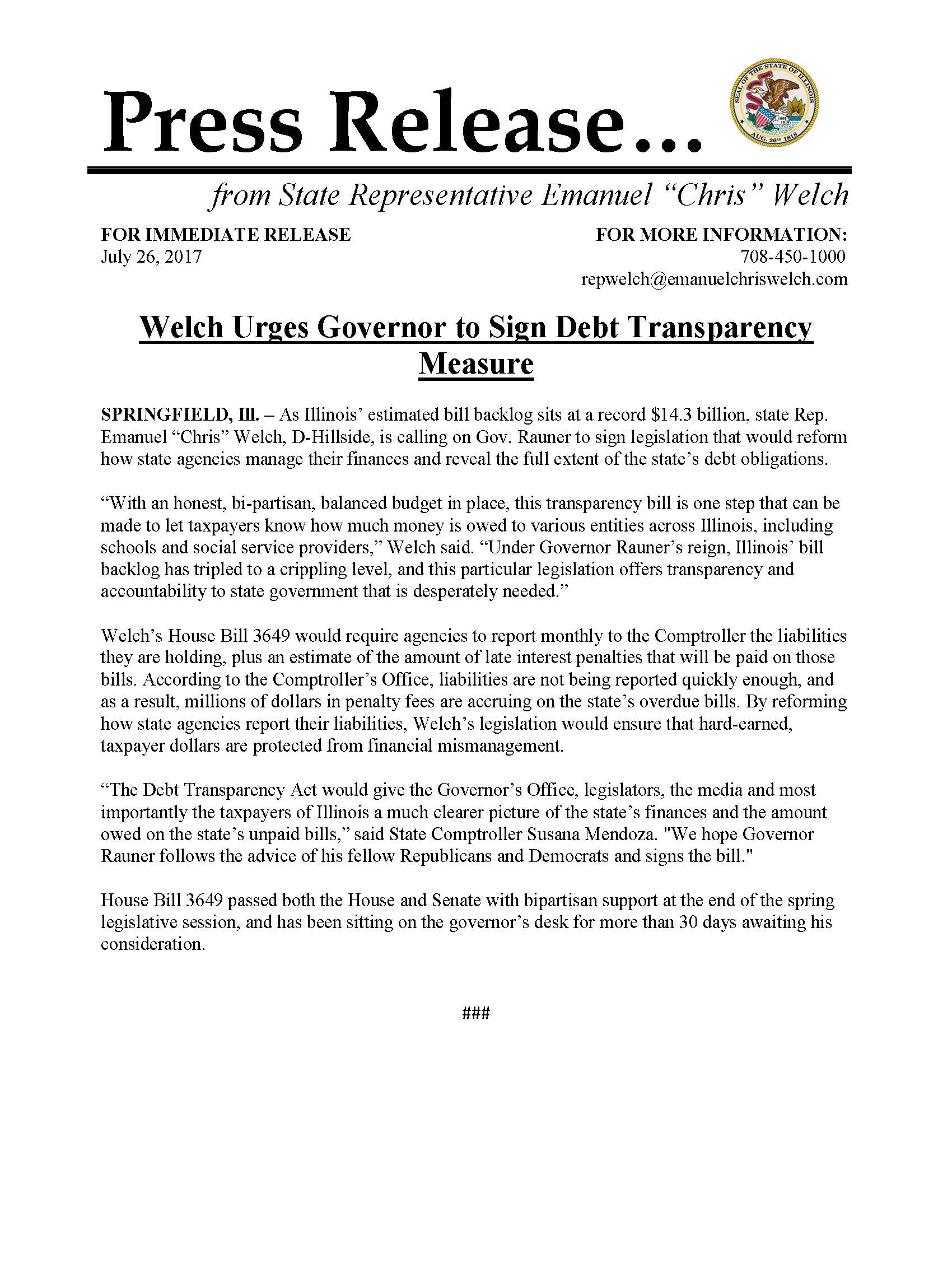 Welch Urges Governor to Sign Debt Transparency Measure (July 26, 2017)