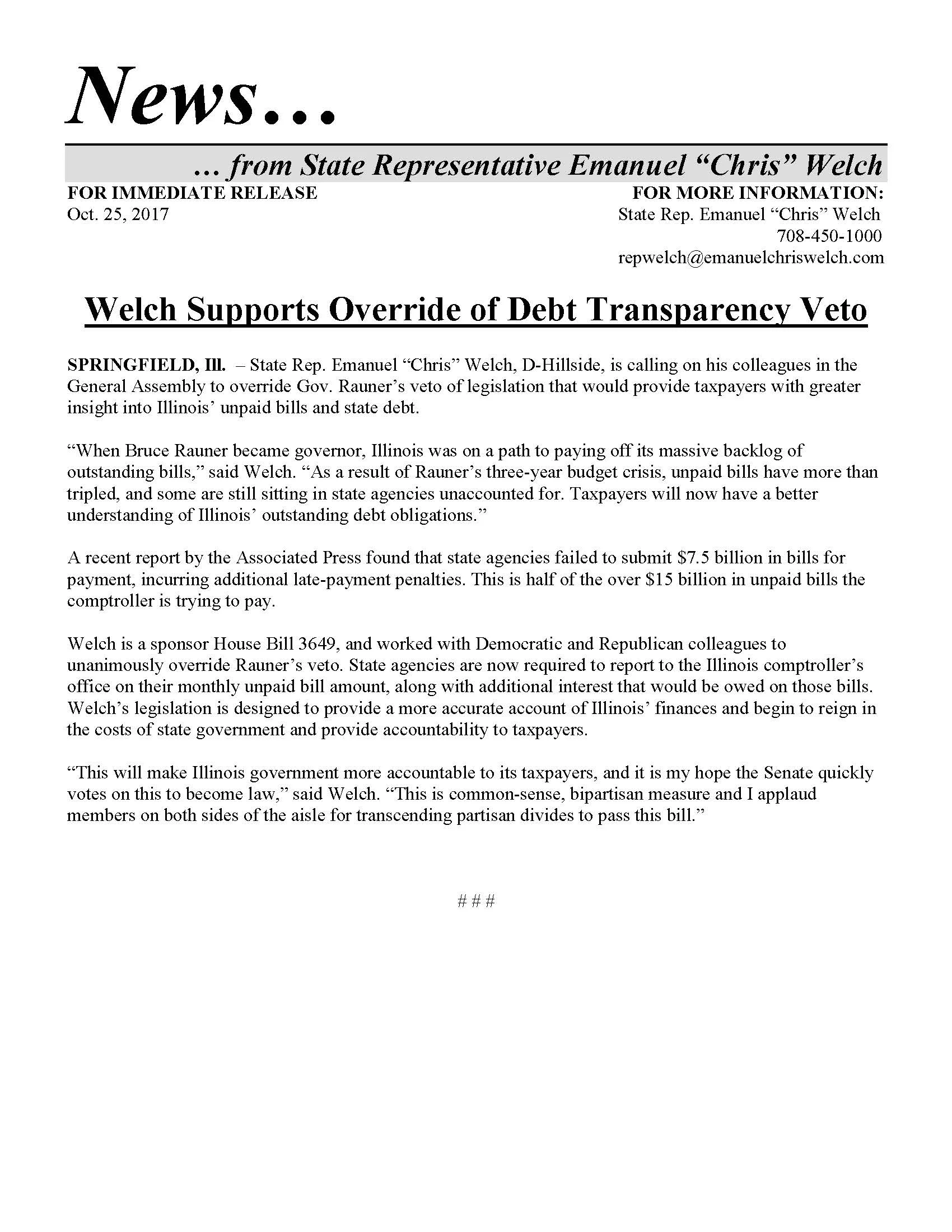 Welch Supports Override of Debt Transparency Veto (October 25, 2017)