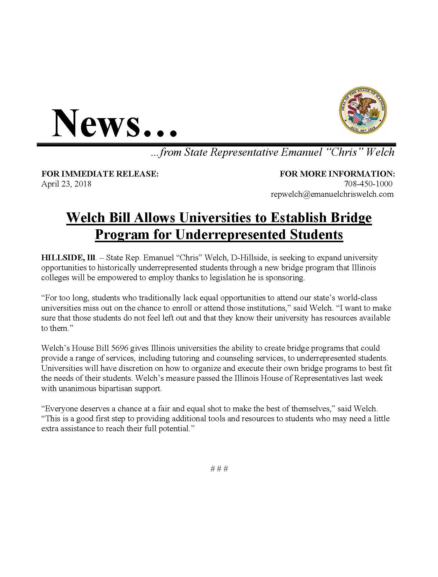 Welch Bill Allows Universities to Establish Bridge Program for Underrepresented Students (April 23, 2018)