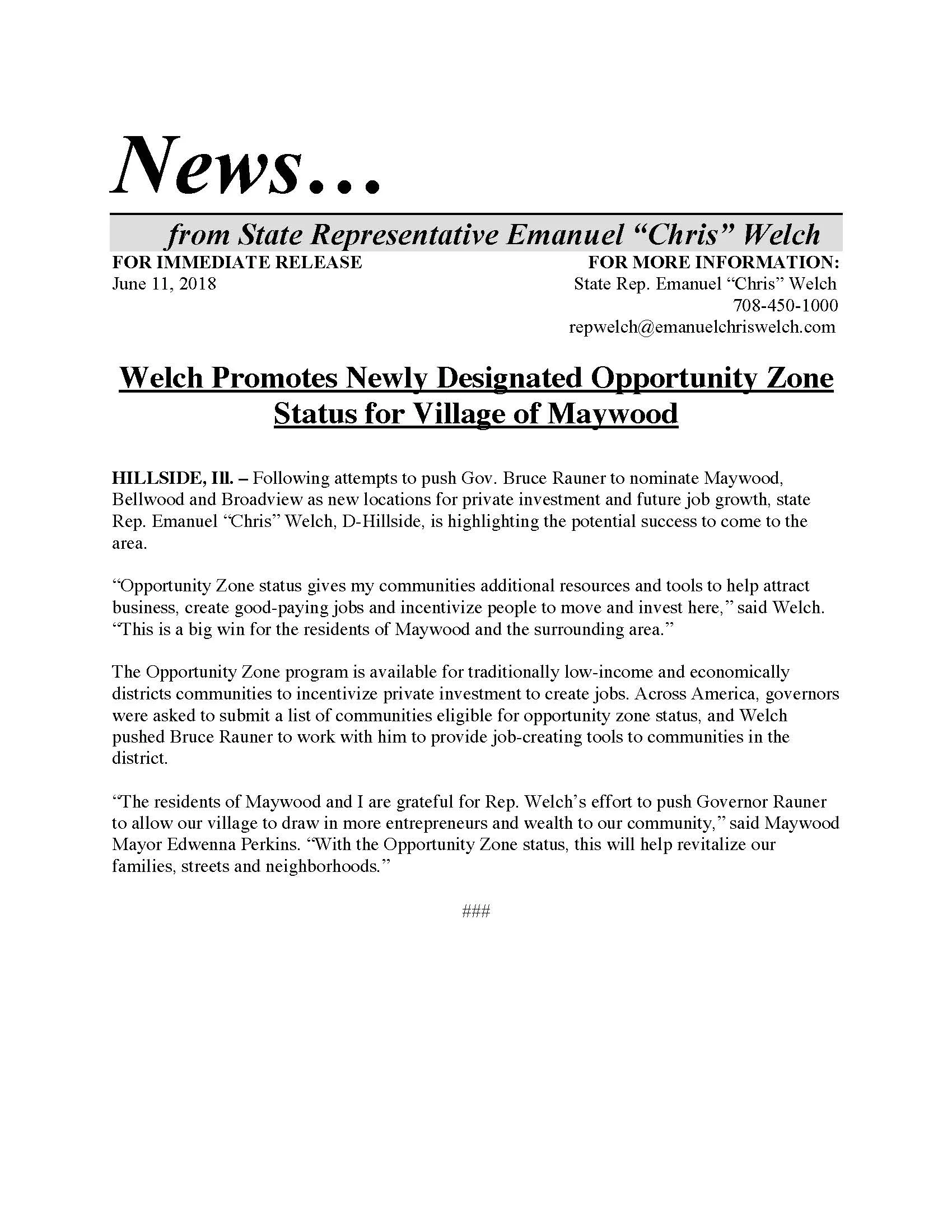 Welch Promotes Newly Designated Opportinity Zone Status for Village of Maywood (June 11, 2018)