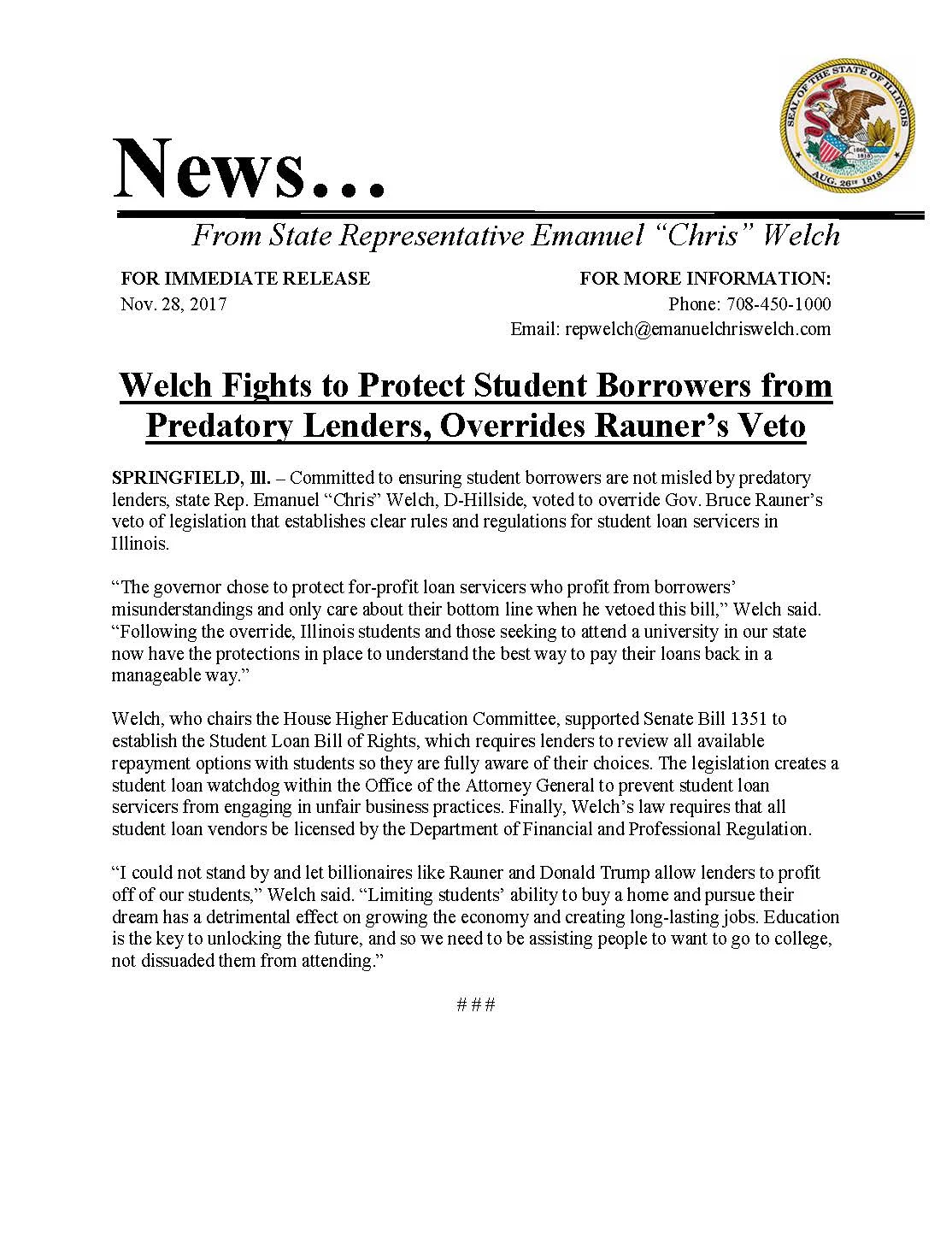Welch Fights to Protect Student Borrowers (November 28, 2017)