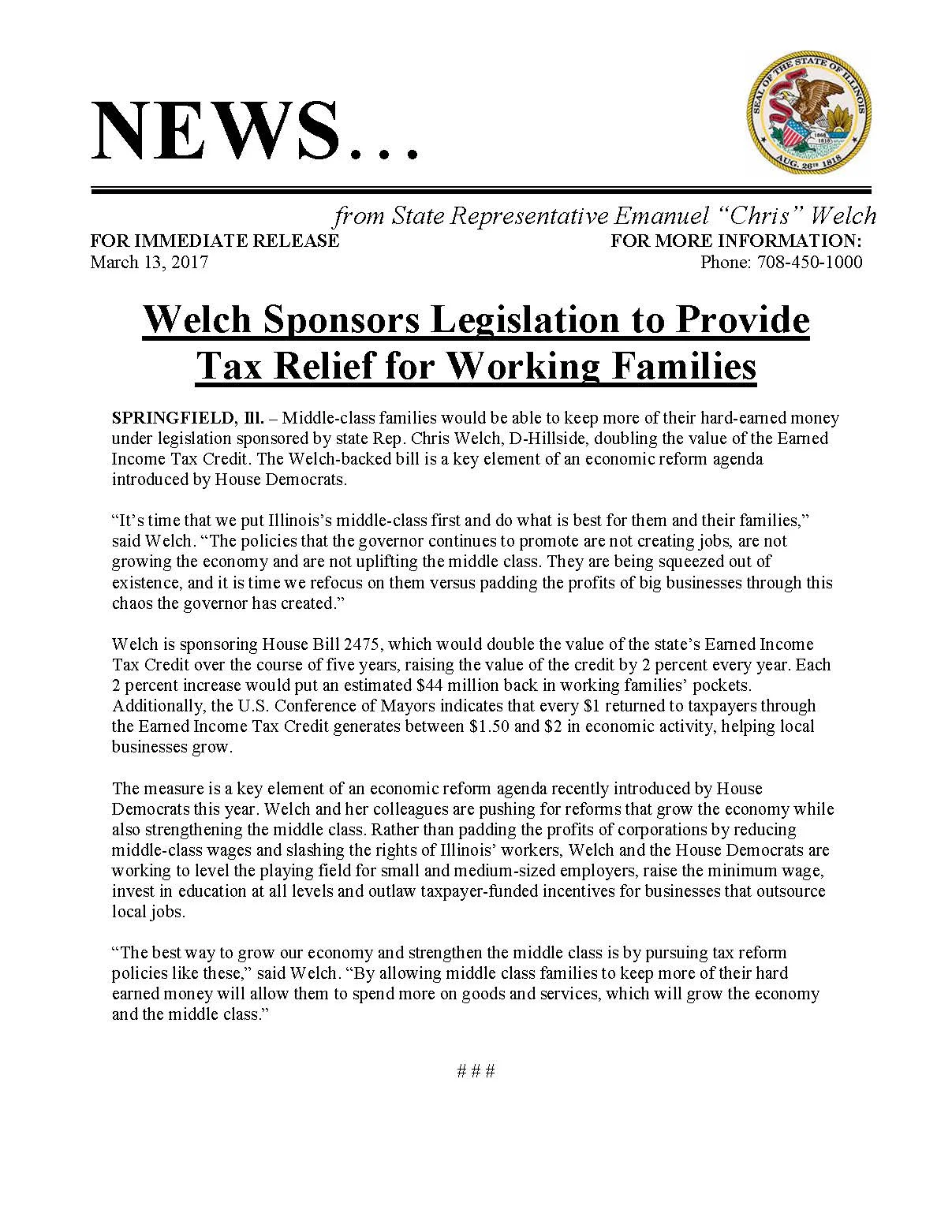 Welch Sponsors Legislation to Provide Tax Relief for Working Families (March 13, 2017)