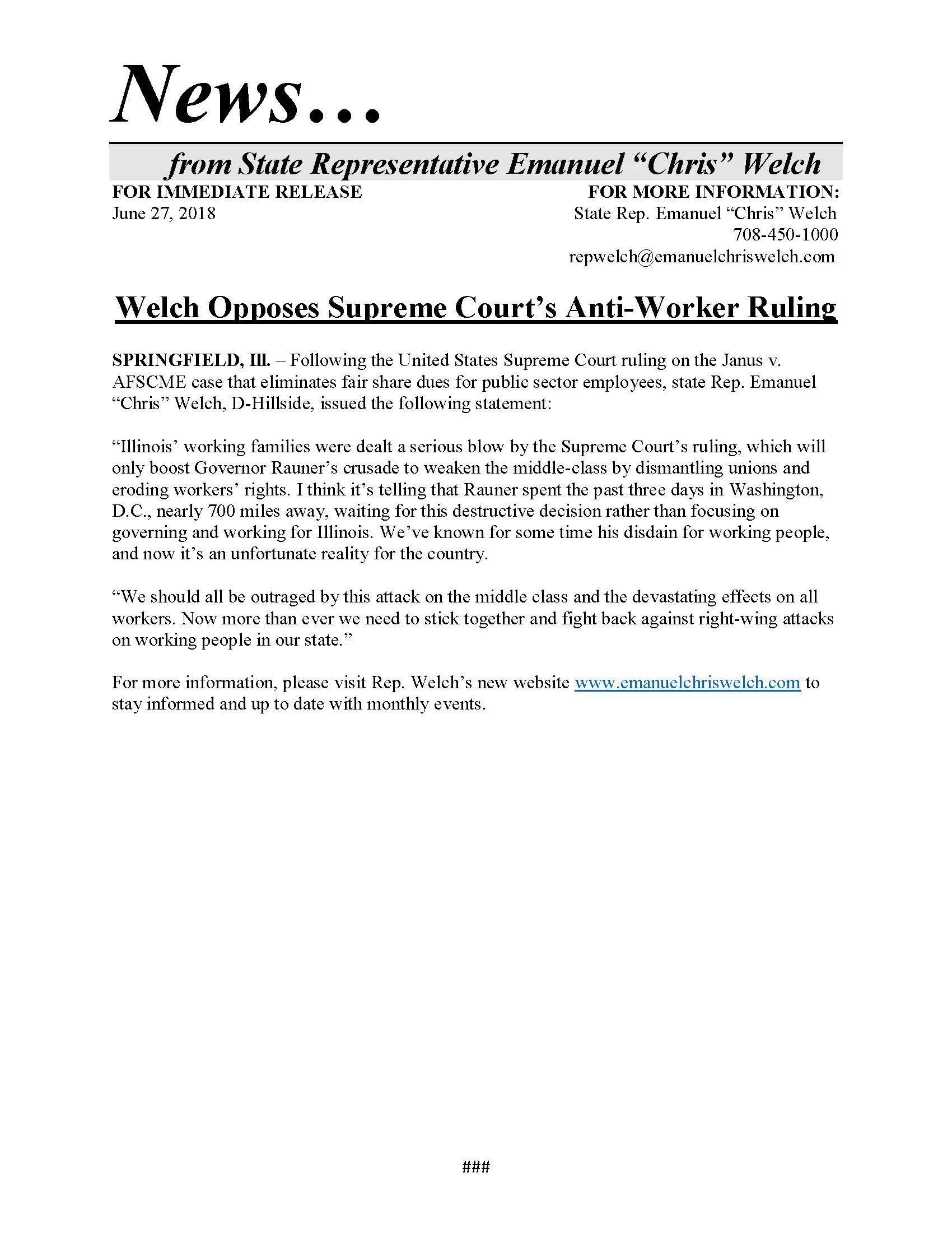 Welch Opposes Supreme Court’s Anti-Worker Ruling (June 27, 2018)