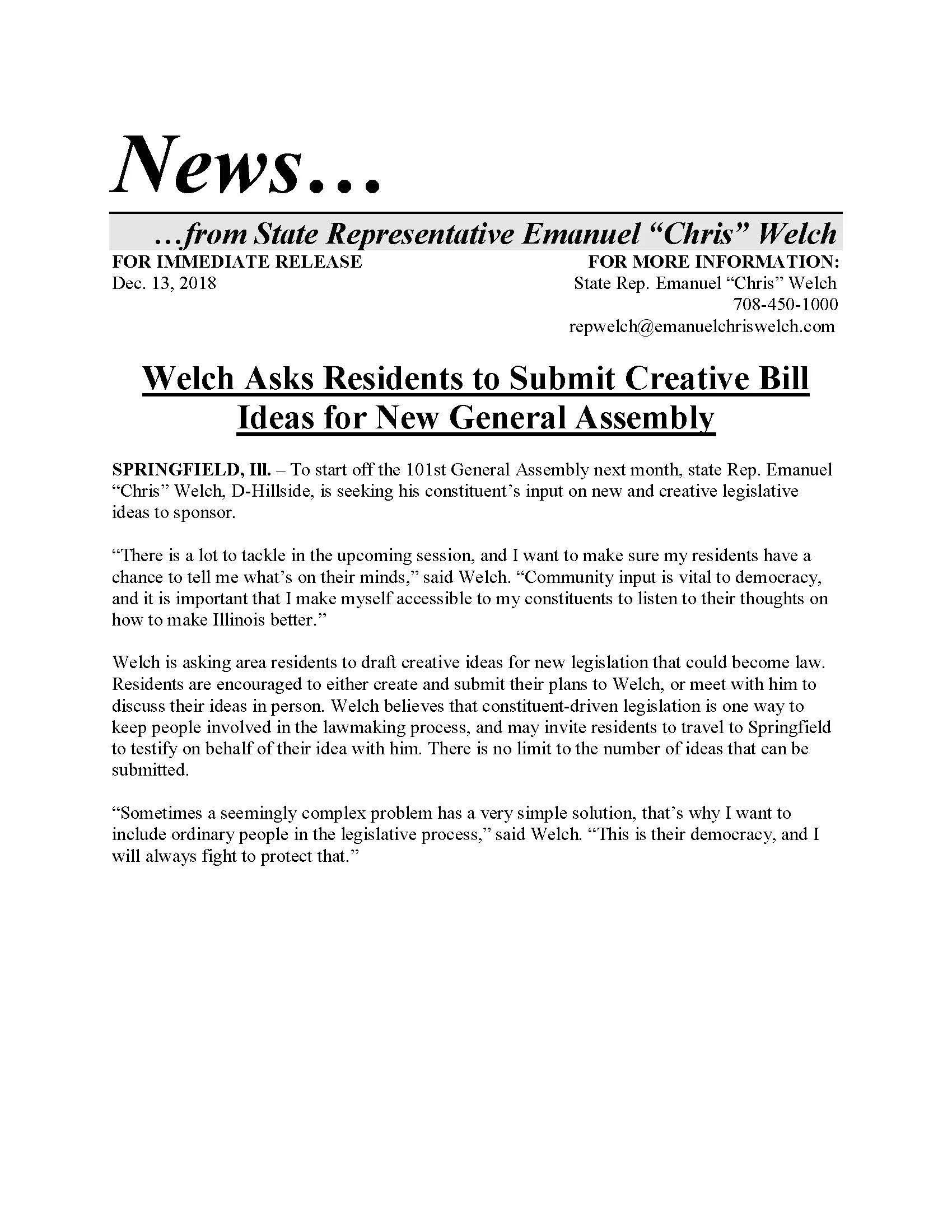 Welch Asks Residents to Submit Creative Bill Ideas for New General Assembly (December 13, 2018)