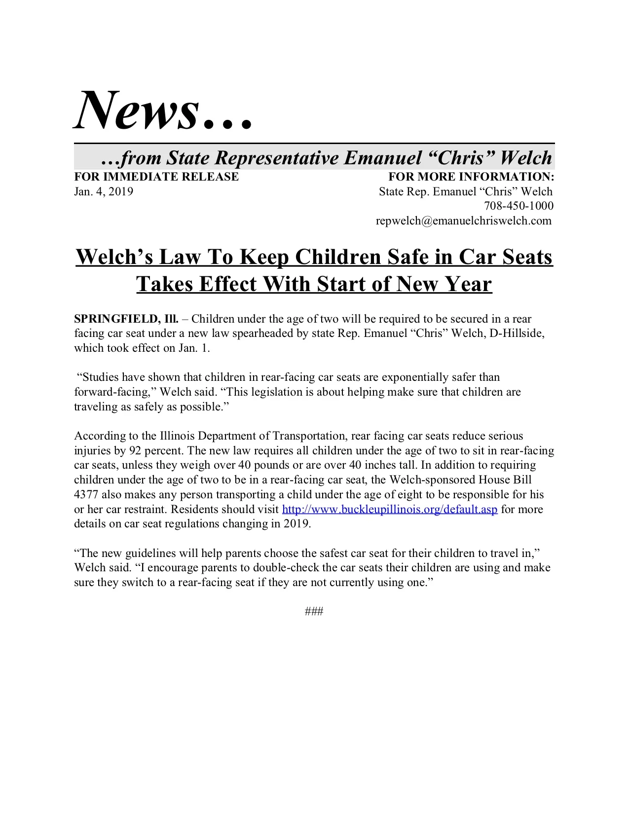 Welch’s Law To Keep Children Safe in Car Seats Takes Effect With Start of New Year (January 4, 2019)