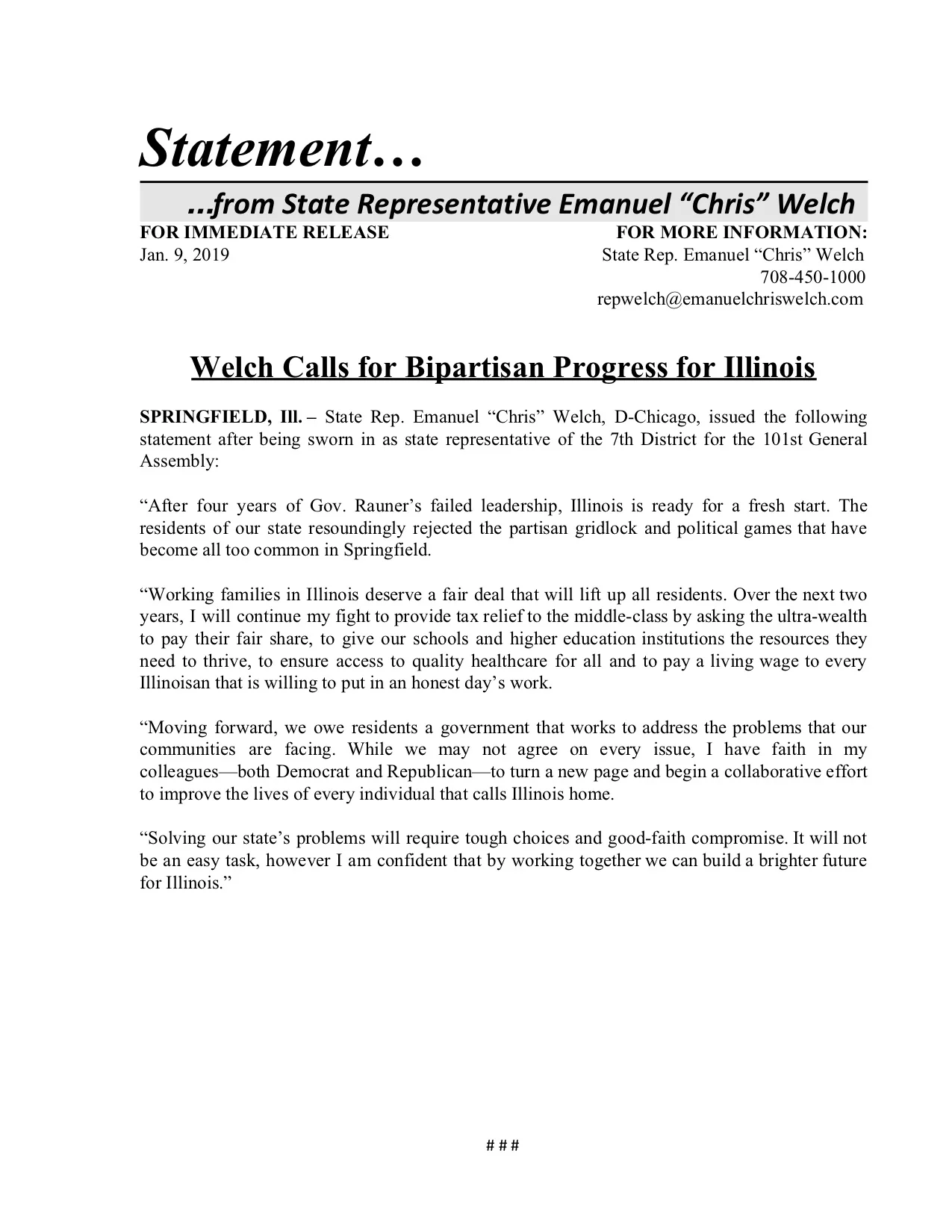 Statement: Welch Calls for Bipartisan Progress for Illinois (January 9, 2019)