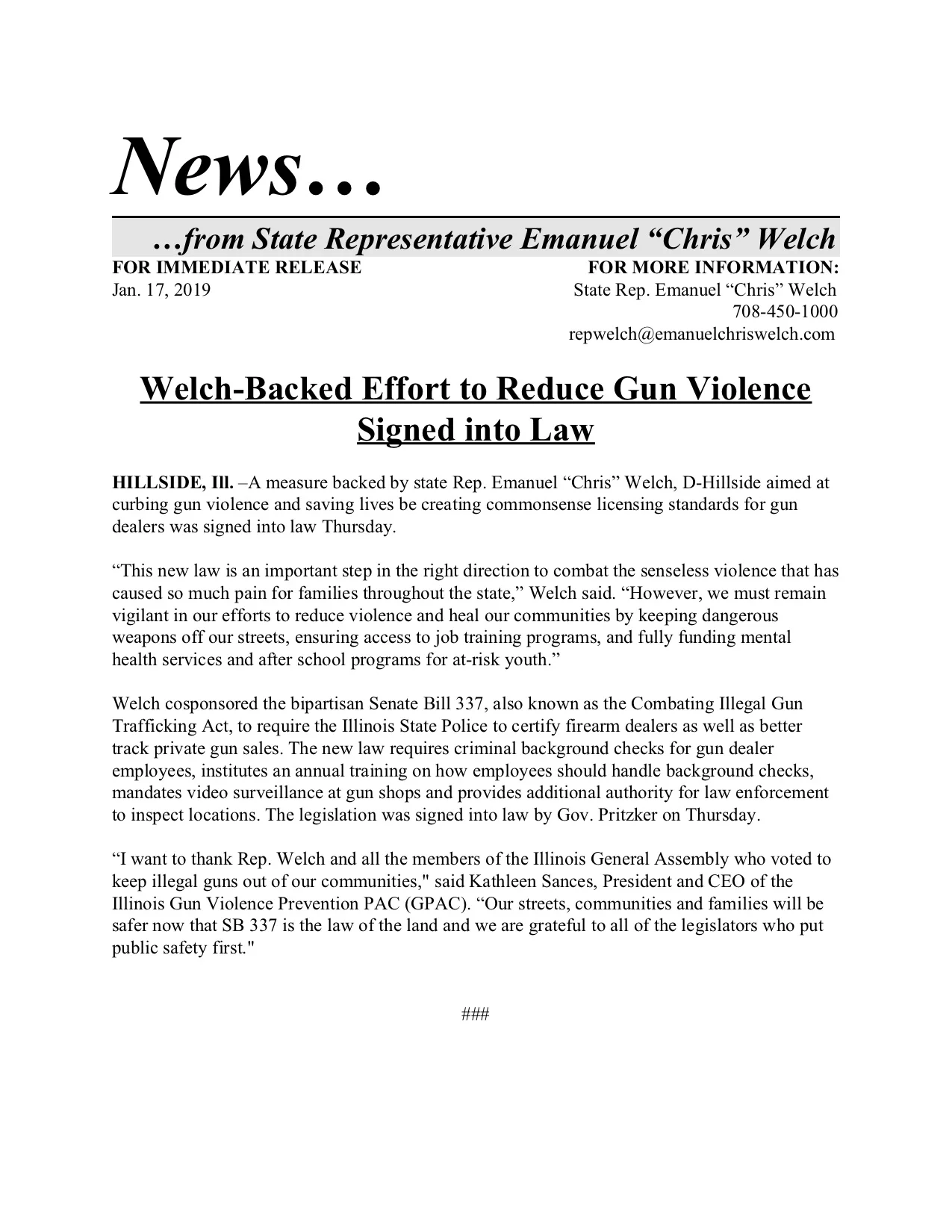Welch-Backed Effort to Reduce Gun Violence Signed into Law (January 17, 2019)