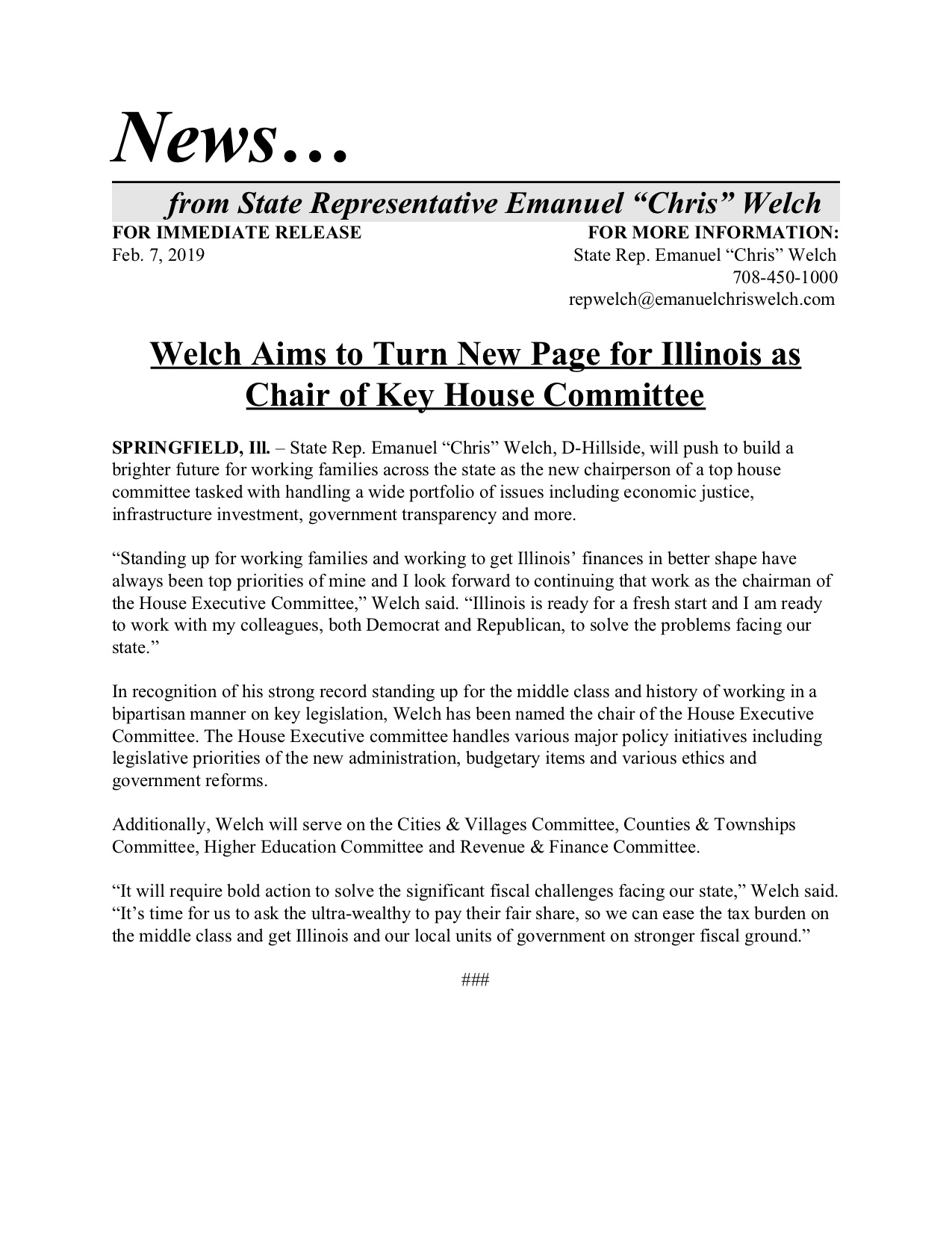 Welch Aims to Turn New Page for Illinois as Chair of Key House Committee (February 7, 2019)