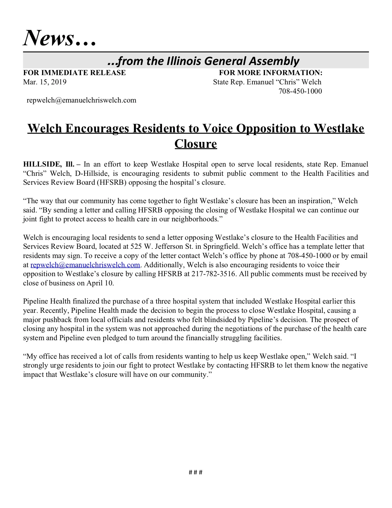 Welch Encourages Residents to Voice Opposition to Westlake Closure (March 15, 2019)
