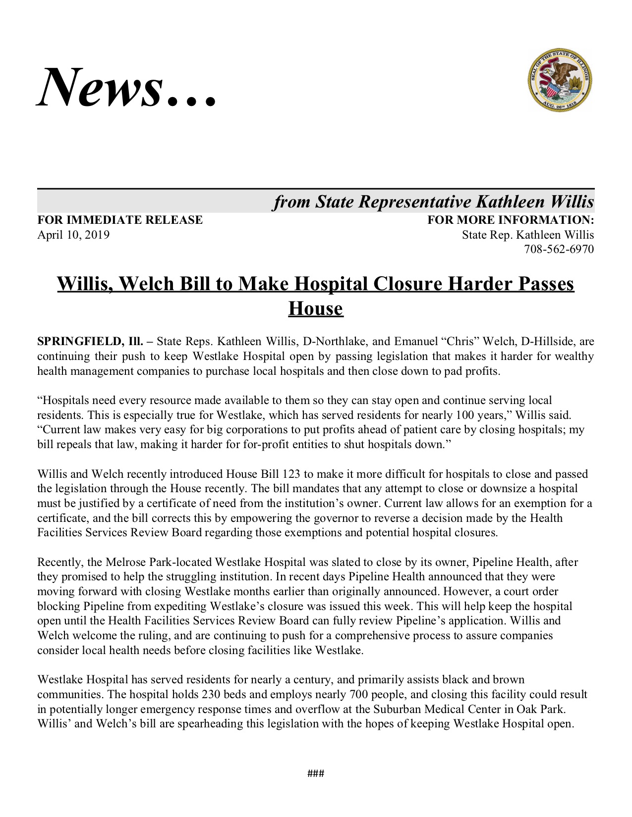 Willis, Welch Bill to Make Hospital Closure Harder Passes House (April 12, 2019)