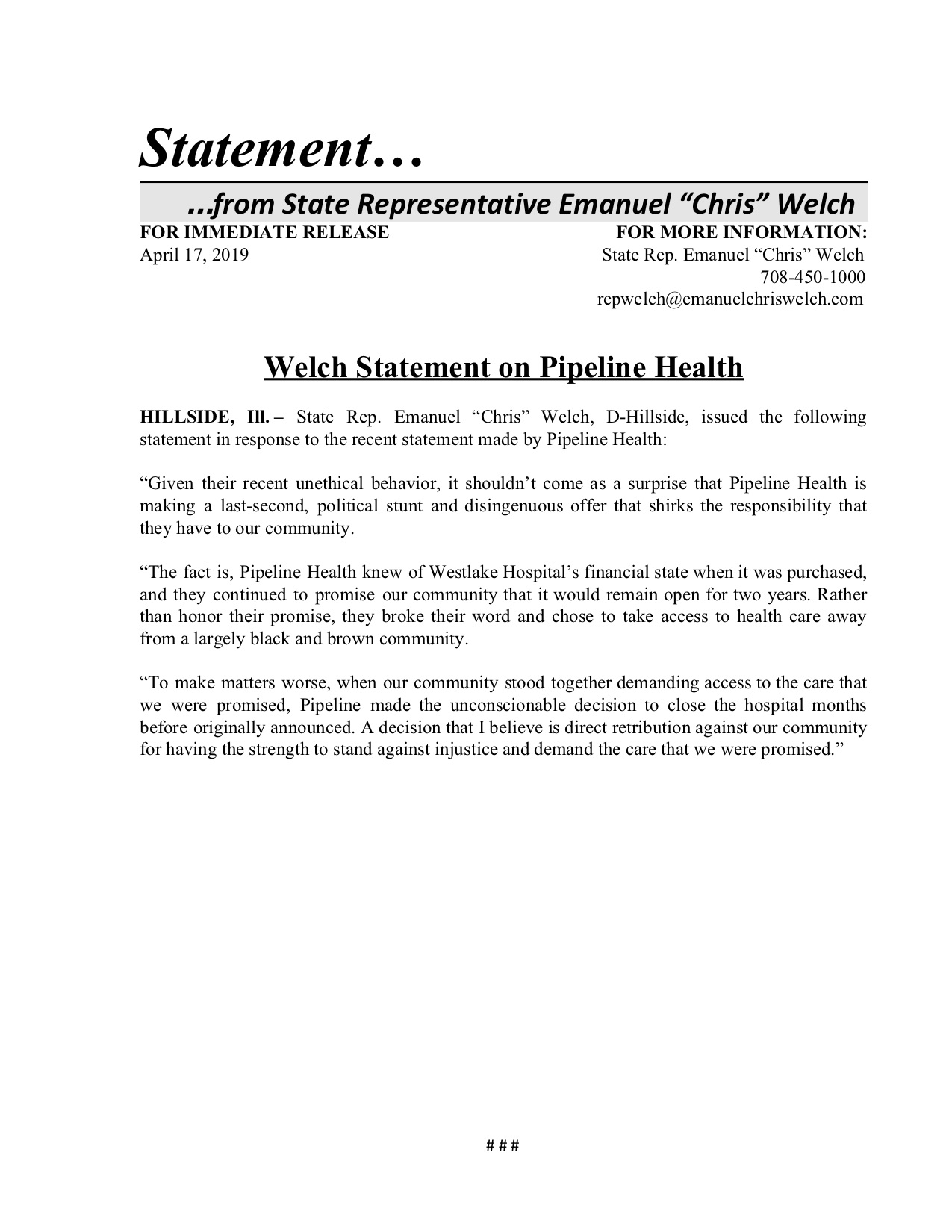 Welch Statement on Pipeline Health (April 17, 2019)