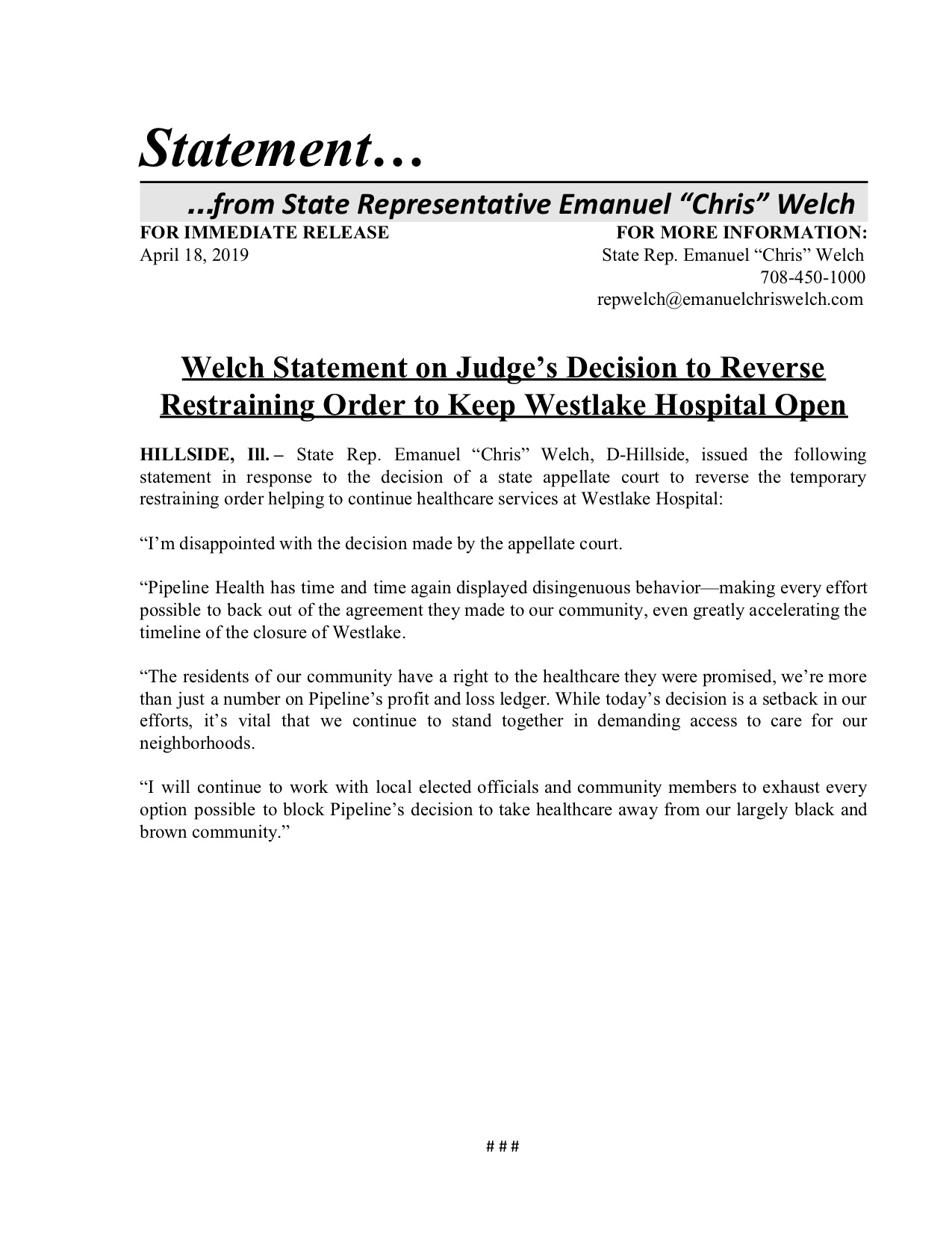 Welch Statement on Judge’s Decision to Reverse Restraining Order to Keep Westlake Hospital Open (April 18, 2019)