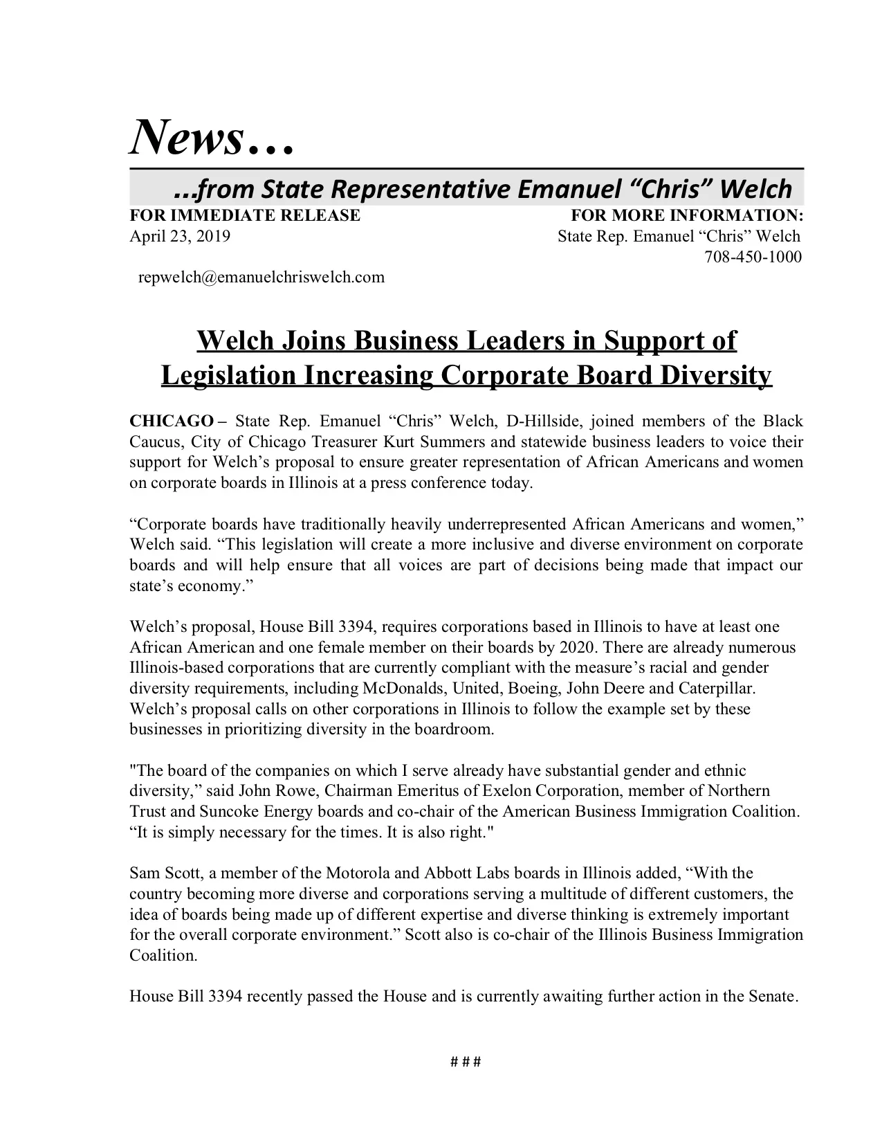 Welch Joins Business Leaders in Support of Legislation Increasing Corporate Board Diversity (April 23, 2019)