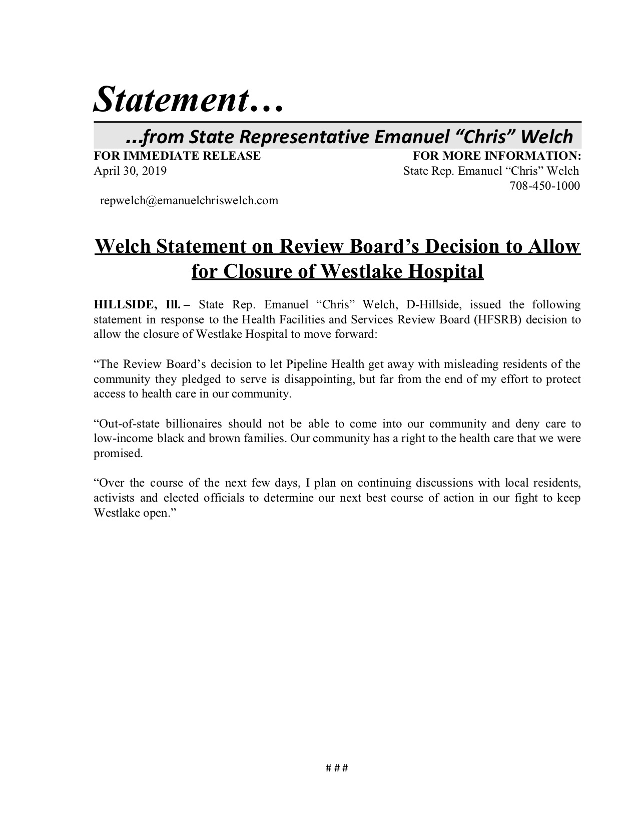 Welch Statement on Review Board’s Decision to Allow for Closure of Westlake Hospital (April 30, 2019)