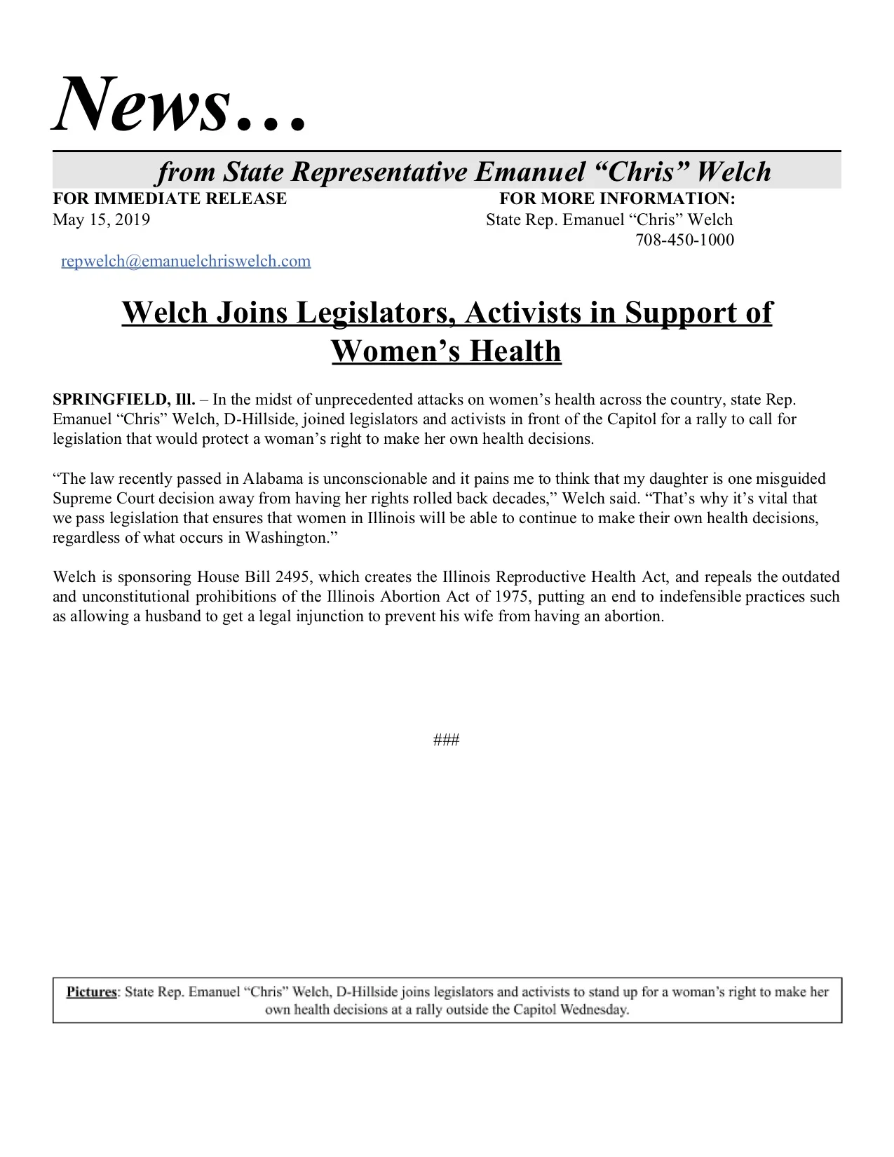 Welch Joins Legislators, Activists in Support of Women’s Health (May 15, 2019)