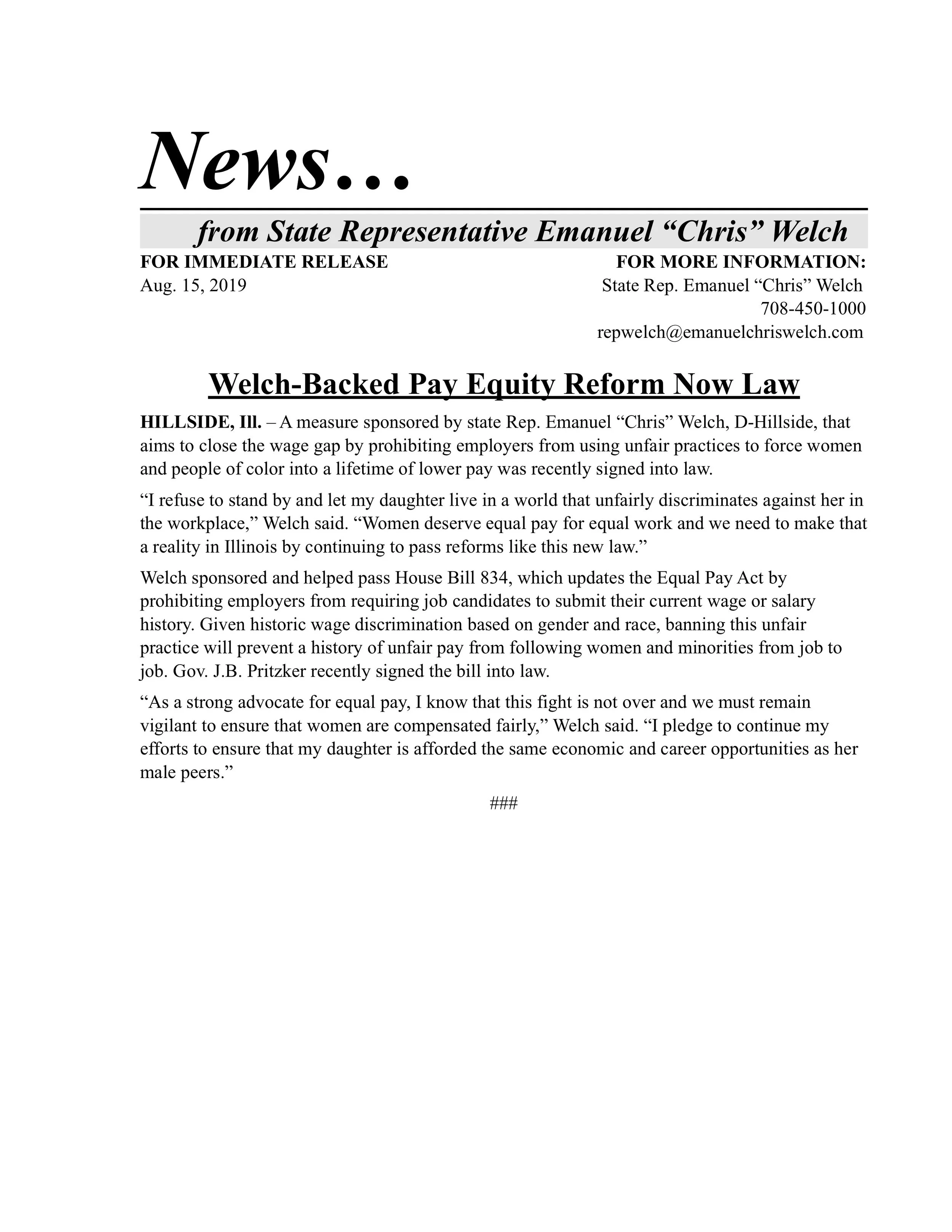 Welch-Backed Pay Equity Reform Now Law (August 15, 2019)