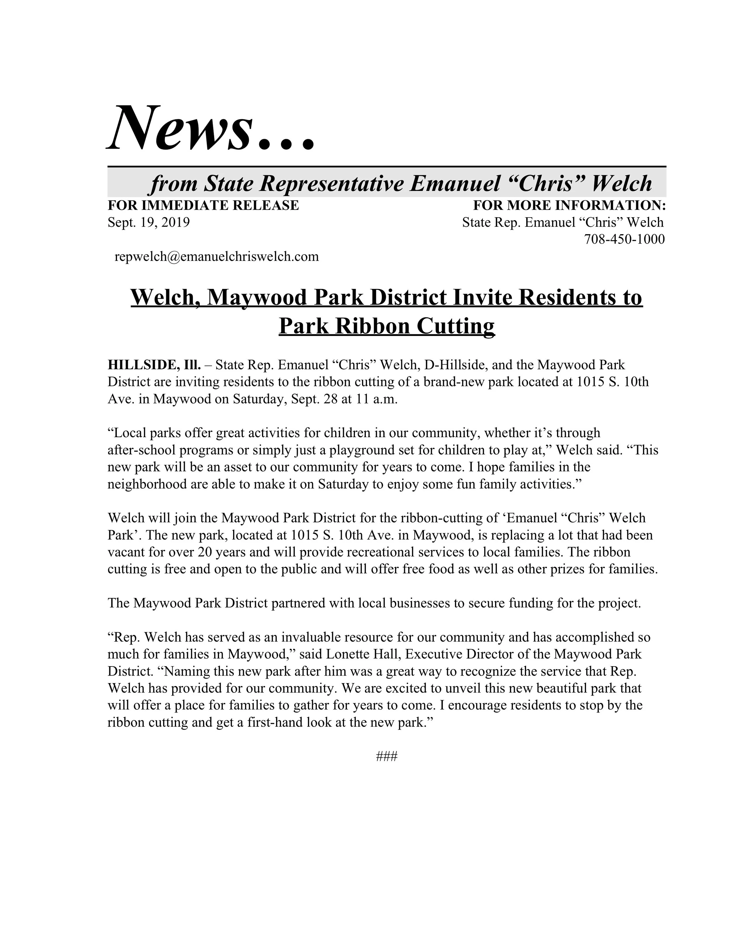 Welch, Maywood Park District Invite Residents to Park Ribbon Cutting (September 19, 2019)
