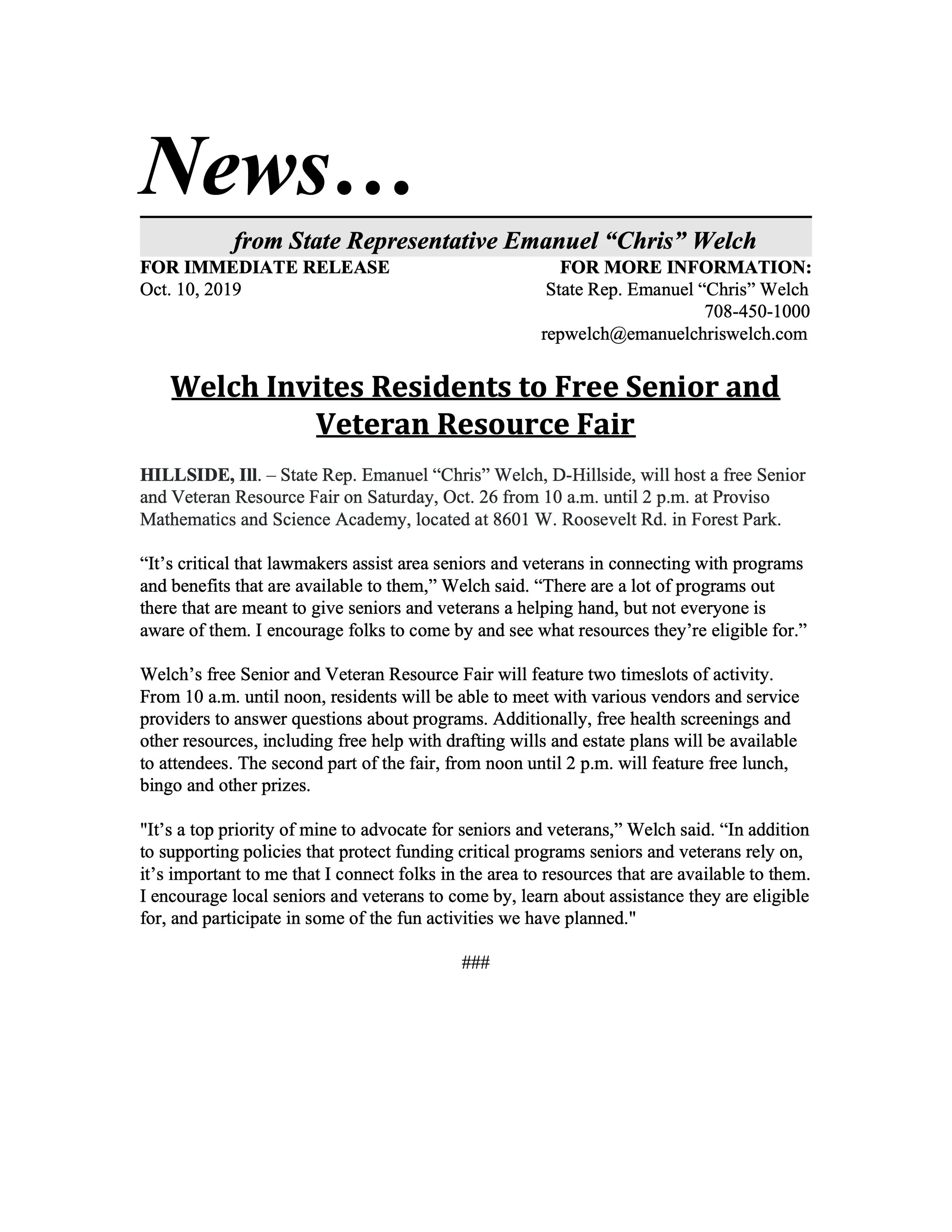 Welch Invites Residents to Free Senior and Veteran Resource Fair (October 10, 2019)