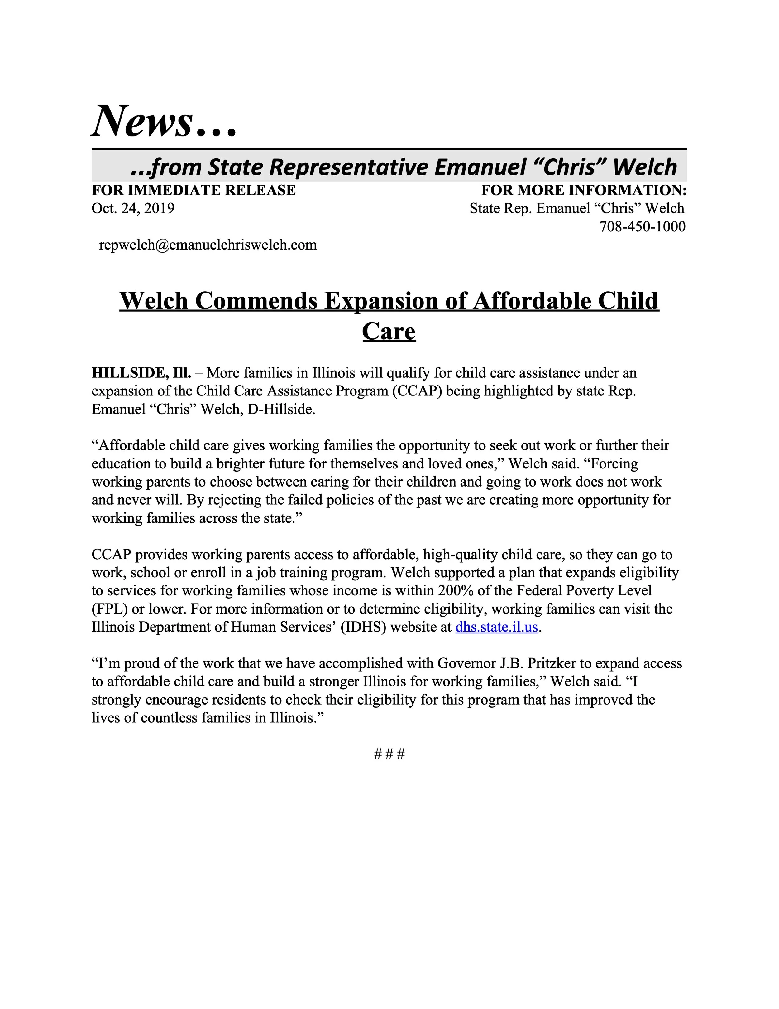 Welch Commends Expansion of Affordable Child Care (October 24, 2019)