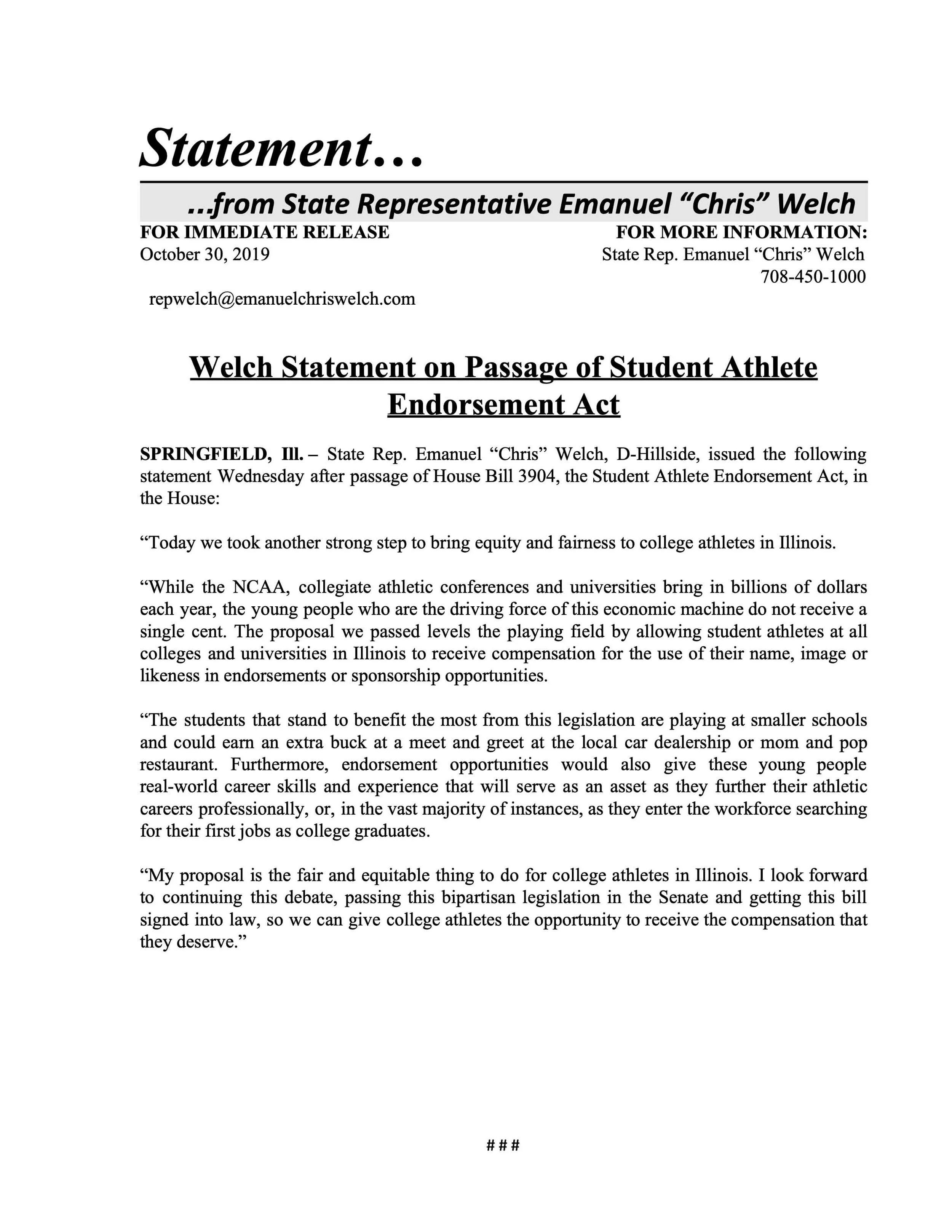 Welch Statement on Passage of Student Athlete Endorsement Act (October 30, 2019)