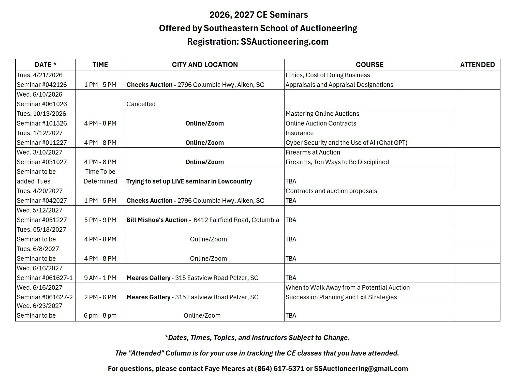 2026-2027 CE Seminar Dates and Times