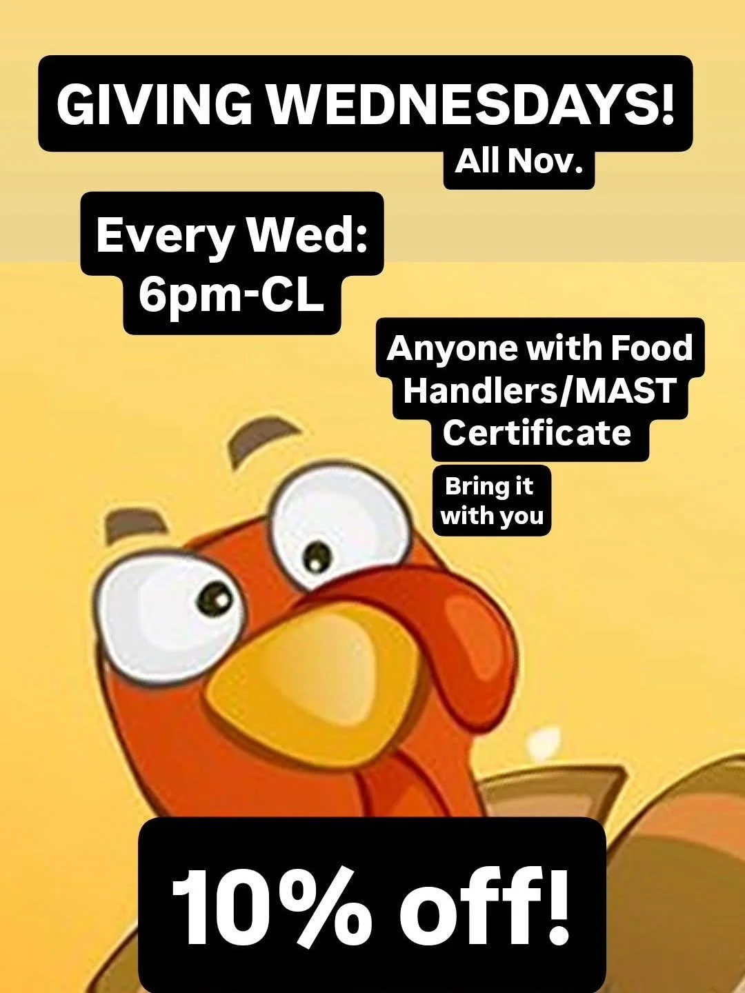 INDUSTRY LOVE!

Come see us with your certs!

If you show us your food handlers or MAST certificates from 6-Close on WEDnesdays through November you get 10% off your tab!

We at the Tav want to share the giving season woth our industry peeps!!

#bar 