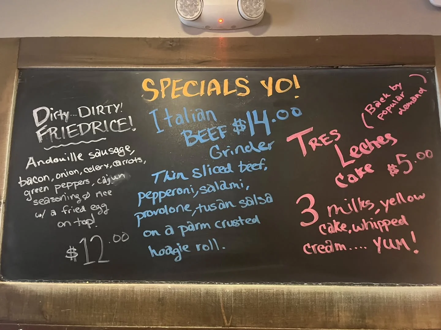WE ARE BACK!!

Welcome to our February Specials baby!

Former menu item: the Italian Beef Grinder is making it's appearance once more,
As is the Tres Leches Cake!!

And for that gutter crowd, we got your dirty rice right here!!

Come have some specia