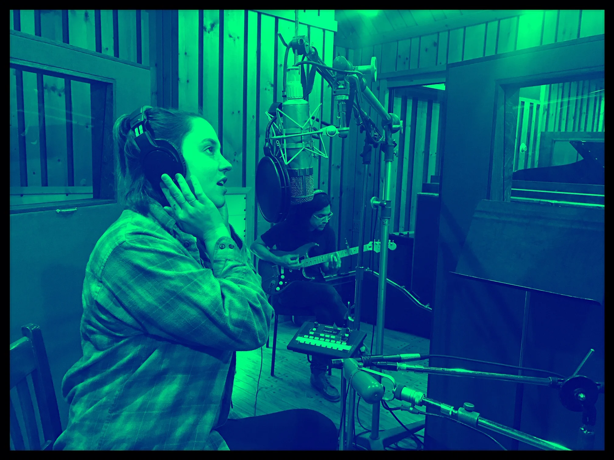 Jenna recording vocals, Kenny in the background
