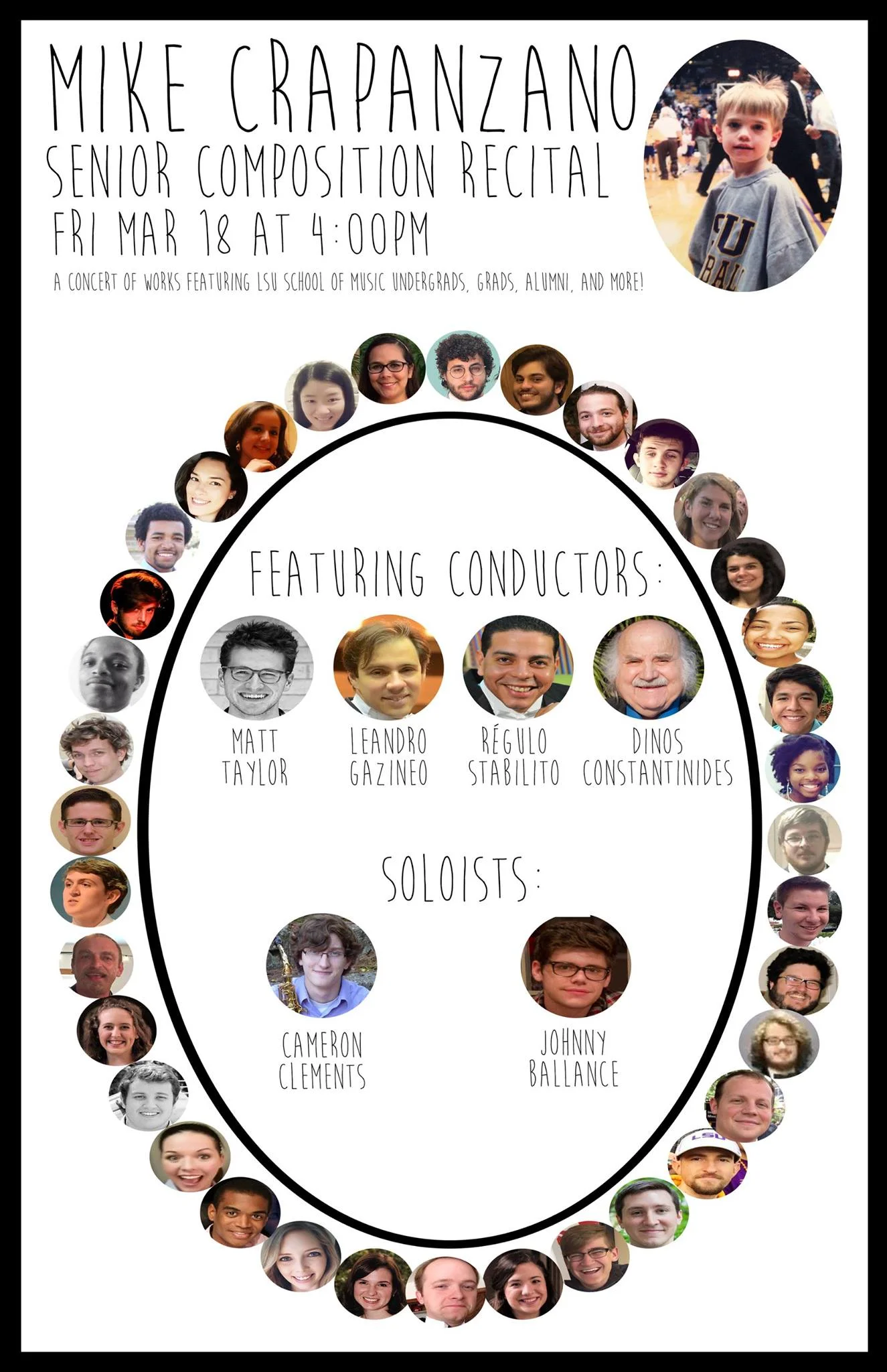 Promotional poster for the concert featuring the faces of all the performers and conductors