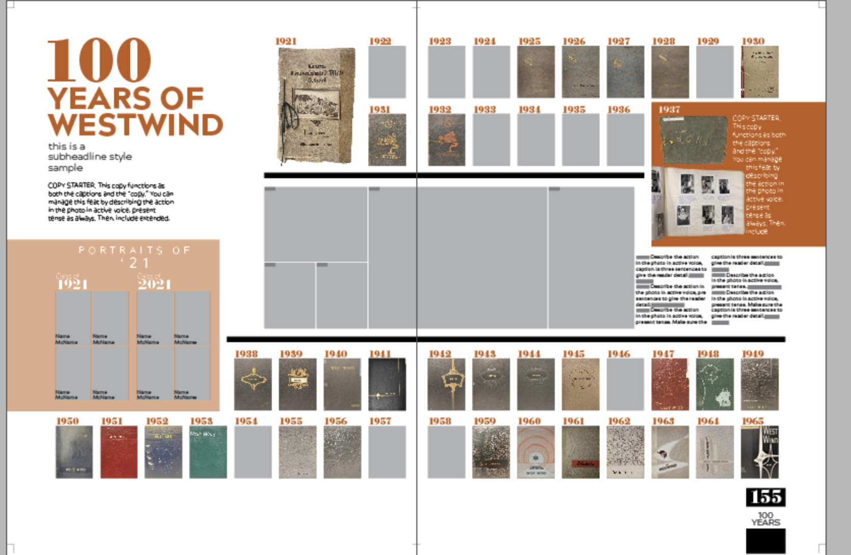  One of two spreads I made for a yearbook celebrating their 100th anniversary. 