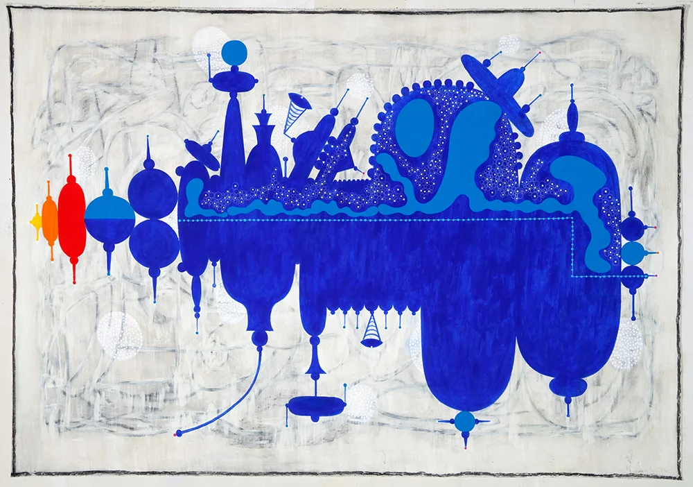 2011 "SHIFTING STATES-BLUE ZONE" 84x120" Acrylic, charcoal, oil-stick, shellac_canvas