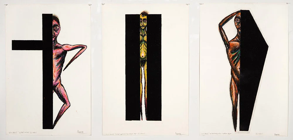 1986 “LOS MISTERIOS” 40 x 26” each panel, oil stick/paper