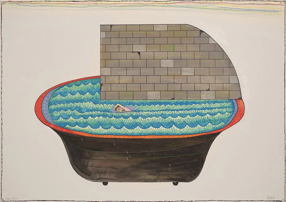 2016 “SWIMMING TO HAVANA-TUB WALL” 30 x 42” acrylic, permanent ink/paper
