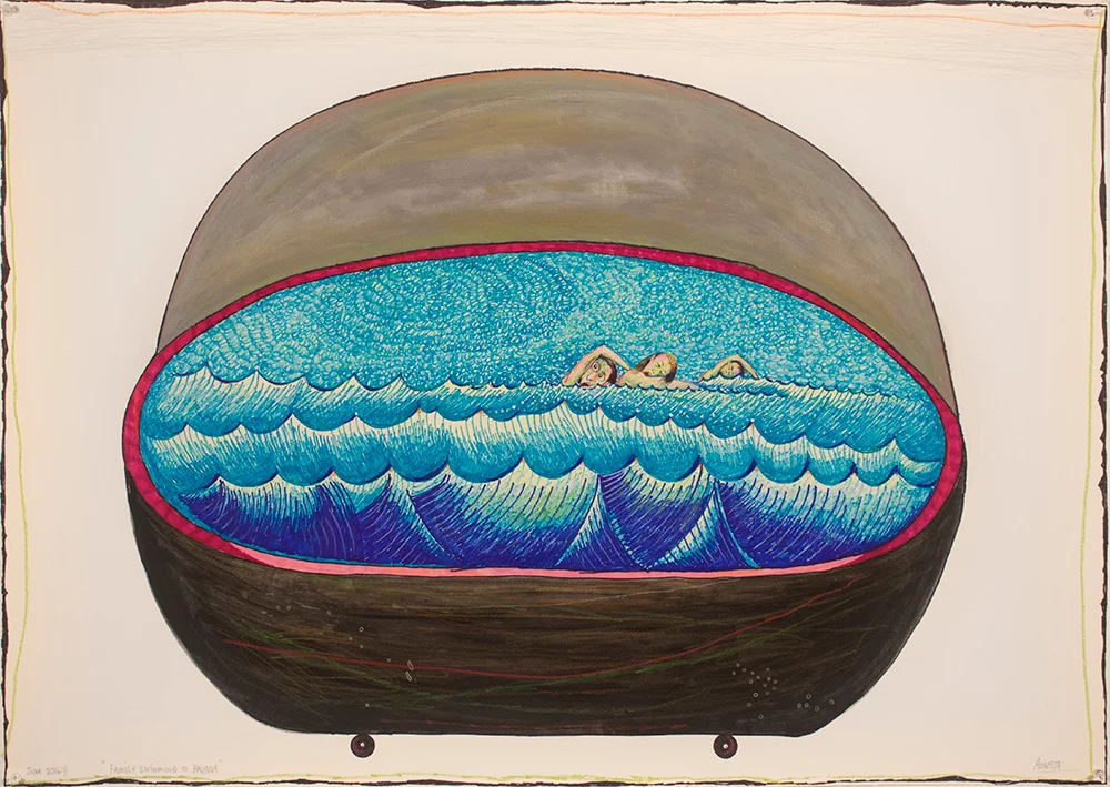 2016 “SWIMMING TO HAVANA-FAMILY” 30 x 24” acrylic, permanent ink/paper