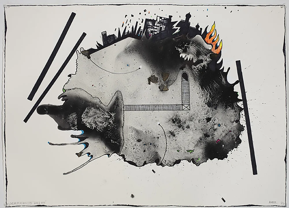 2014 “GAZA 555” 30 x 42” acrylic, ink/paper