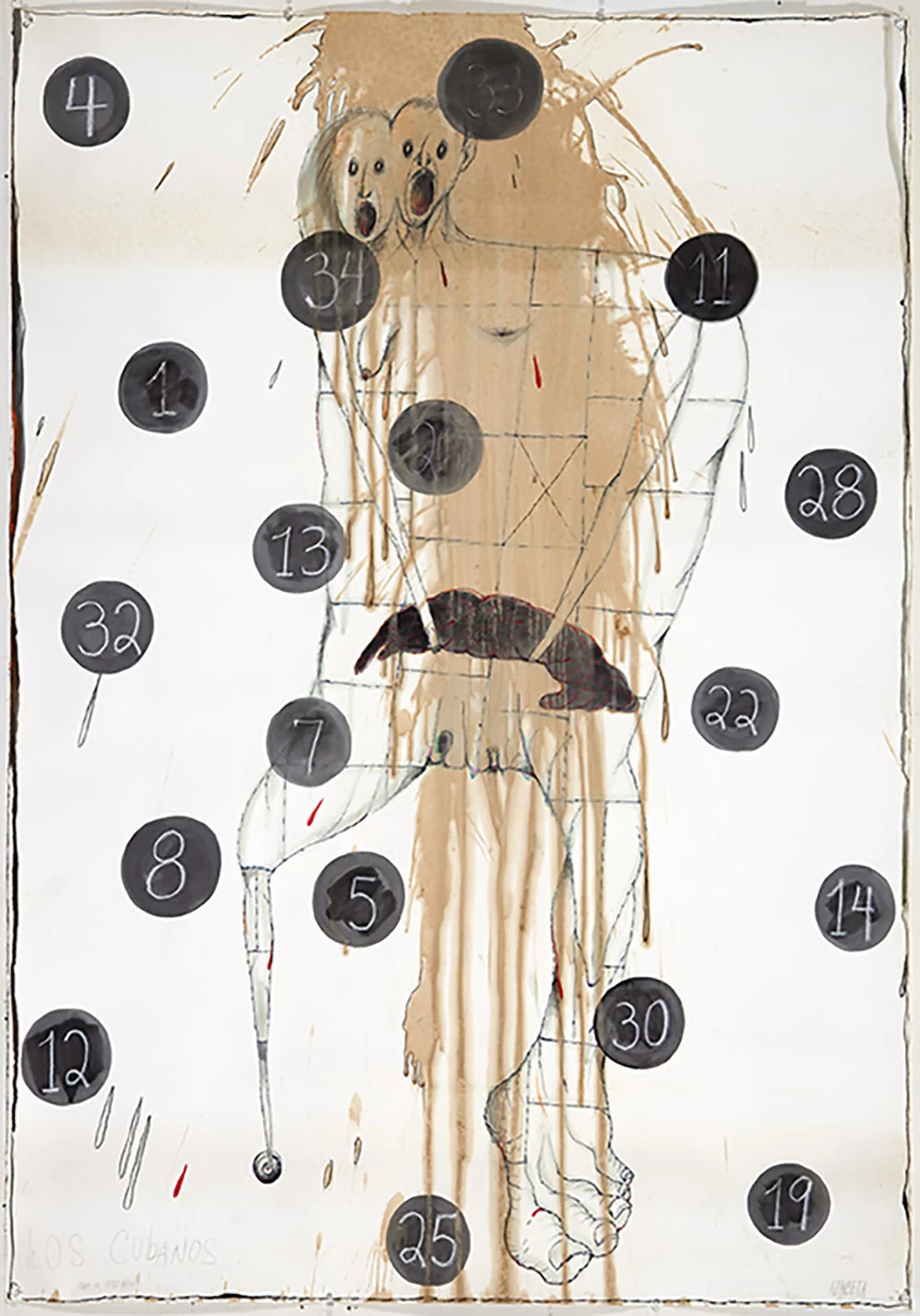 1993 “LOS CUBANOS” 60 x 42” pen, acrylic, pencil, coffee/paper