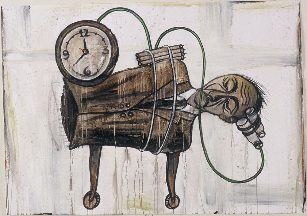 1997 “SELF EXPLOSIVE” 42 x 48” acrylic, charcoal, shellac/paper