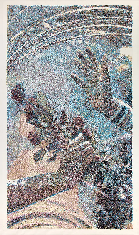 'A demonstrator hands flowers to a Thai soldier...' L.A. Times, 02.13.2014 2016 rhinestuds on canvas 55 1/4 x 32 1/4 inches