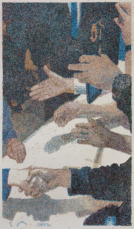 ‘Hillary Clinton greets employees at the Mirage in Las Vegas,' L.A. Times 11.05.2016 2016 - 2017 rhinestuds on canvas 73 x 43 1/4 inches