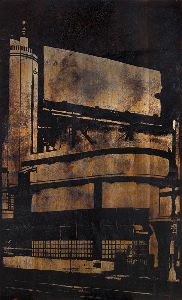 La Brea Blvd. Kodak 2013 Heliograph, sun cured tar collected from La Brea Tar Pits, Los Angeles, CA, on aluminum 72 x 42 inches