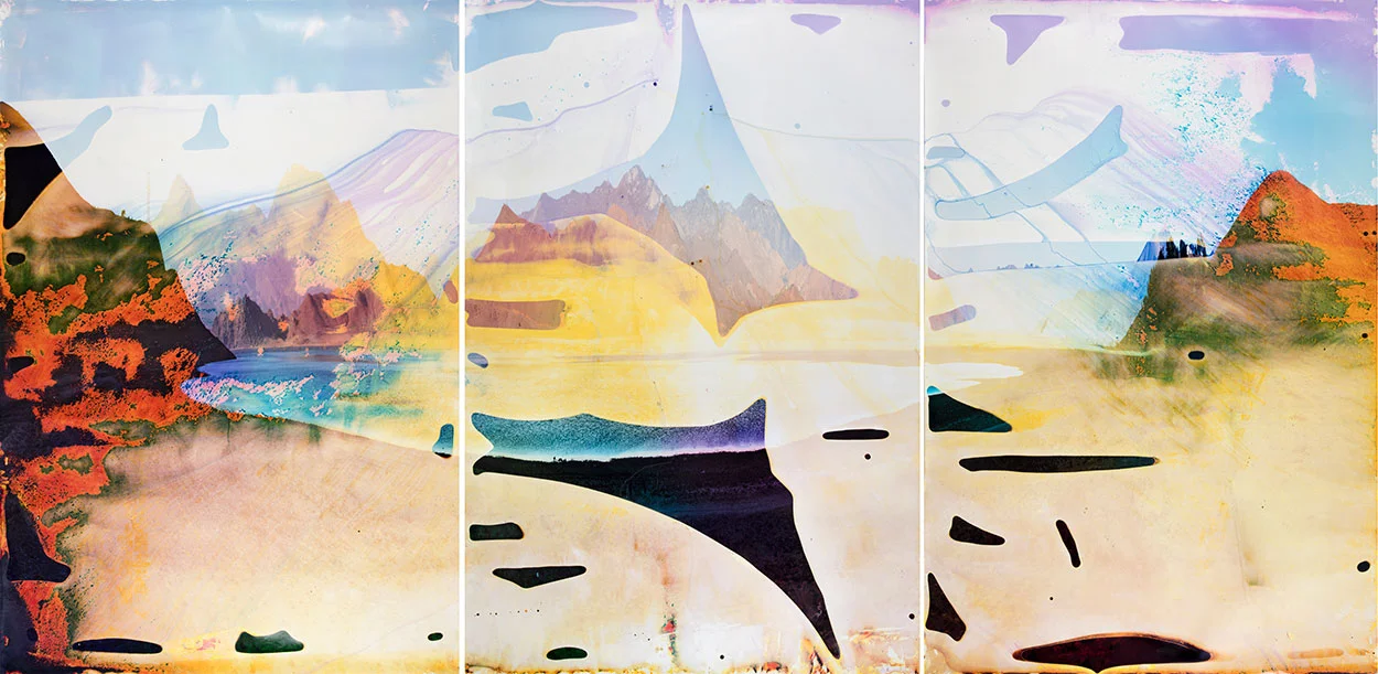 Lake Isabella CA TC 5 2014 triptych c-print soaked in Lake Isabella water 91 3/4 x 62 1/2 inches each panel, 91 3/4 x 187 1/2 inches