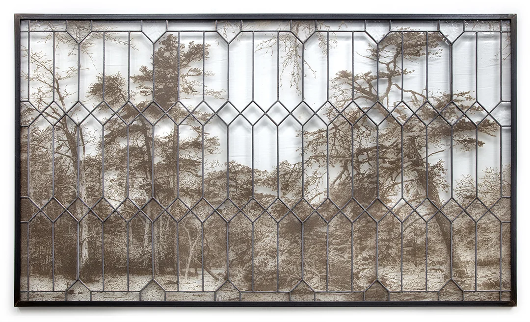 Pine Barrens 5187 2018 Pigment made of rocks deaccessioned from the Newark Museum’s collection, fused in a glass window purchased from a New Jersey Ebay seller 51 x 87 x 1 in