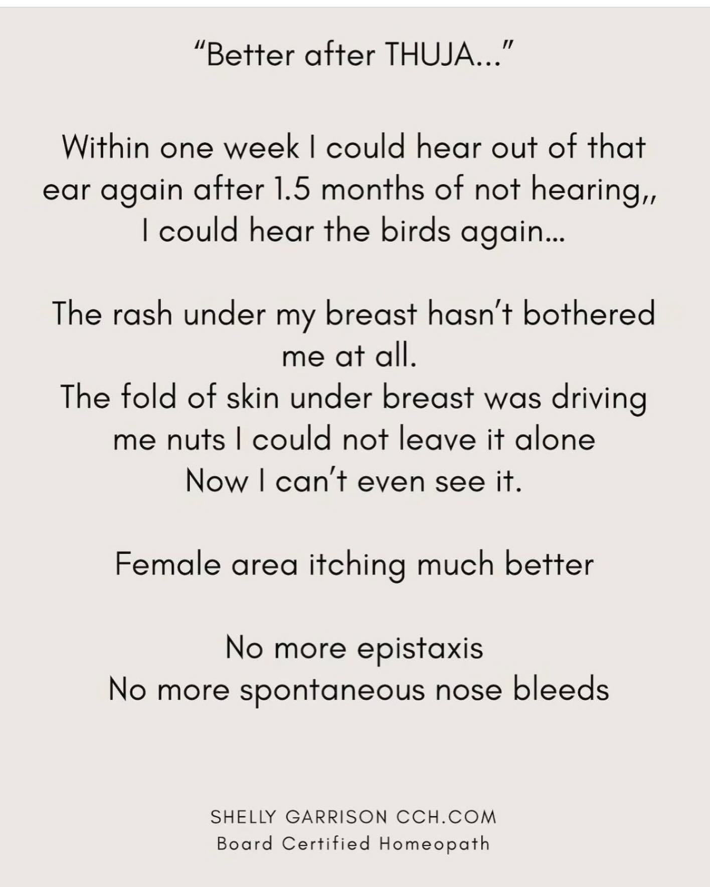 Homeopathic treatment. 👍🏽

#hearingloss 
#birdsong 
#skin 
#rash 
#epistaxis
