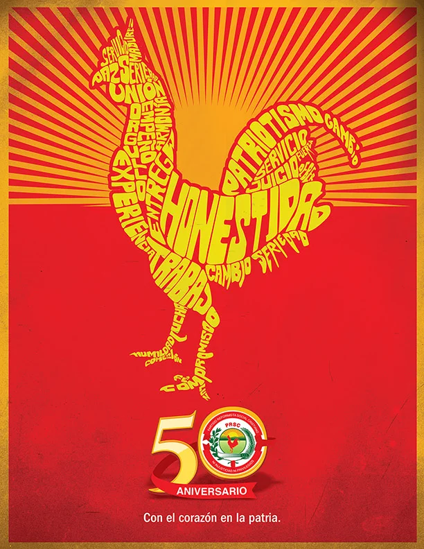 Poster for the 50th. anniversary of one of Dominican Republic’s political parties. Using hand-made type, did an iconic representation of a rooster witch is part of their iconic brand.