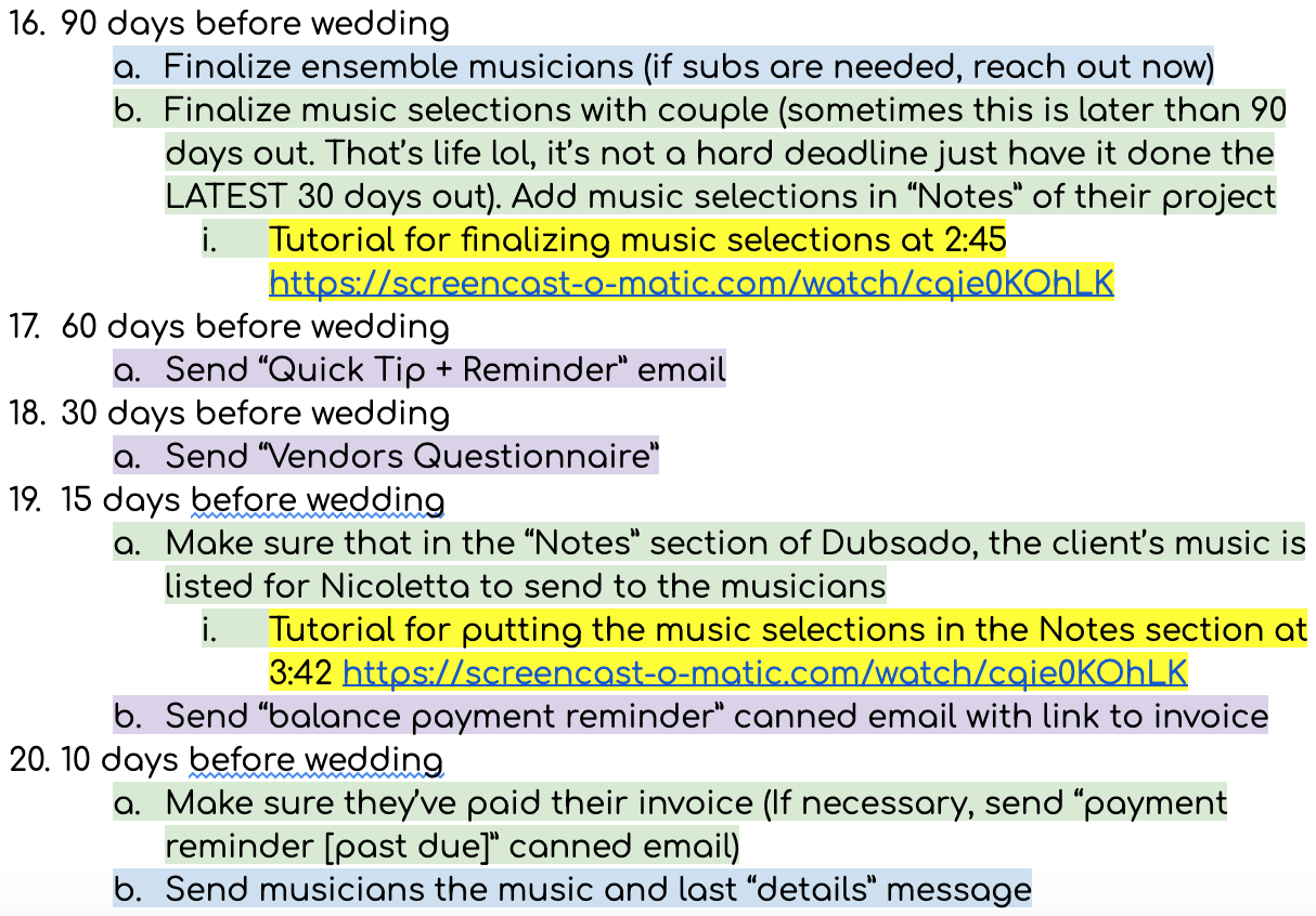 A part of the Got Strings Wedding Client Experience I train my team with, for reference