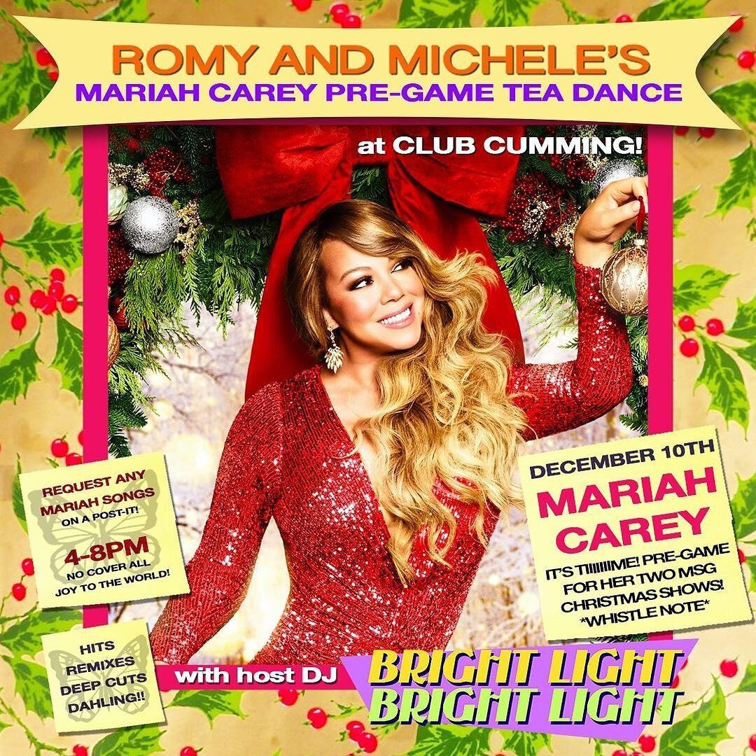 It&rsquo;s time!!! Pregame for the @mariahcarey Christmas shows at @thegarden with @brightlightx2 at @clubcumming 4-8pm next Saturday. ALL MARIAH: hits, album tracks, deep cuts, remixes, and a $5 raffle to win vintage Mariah 7&rdquo; vinyl and magazi