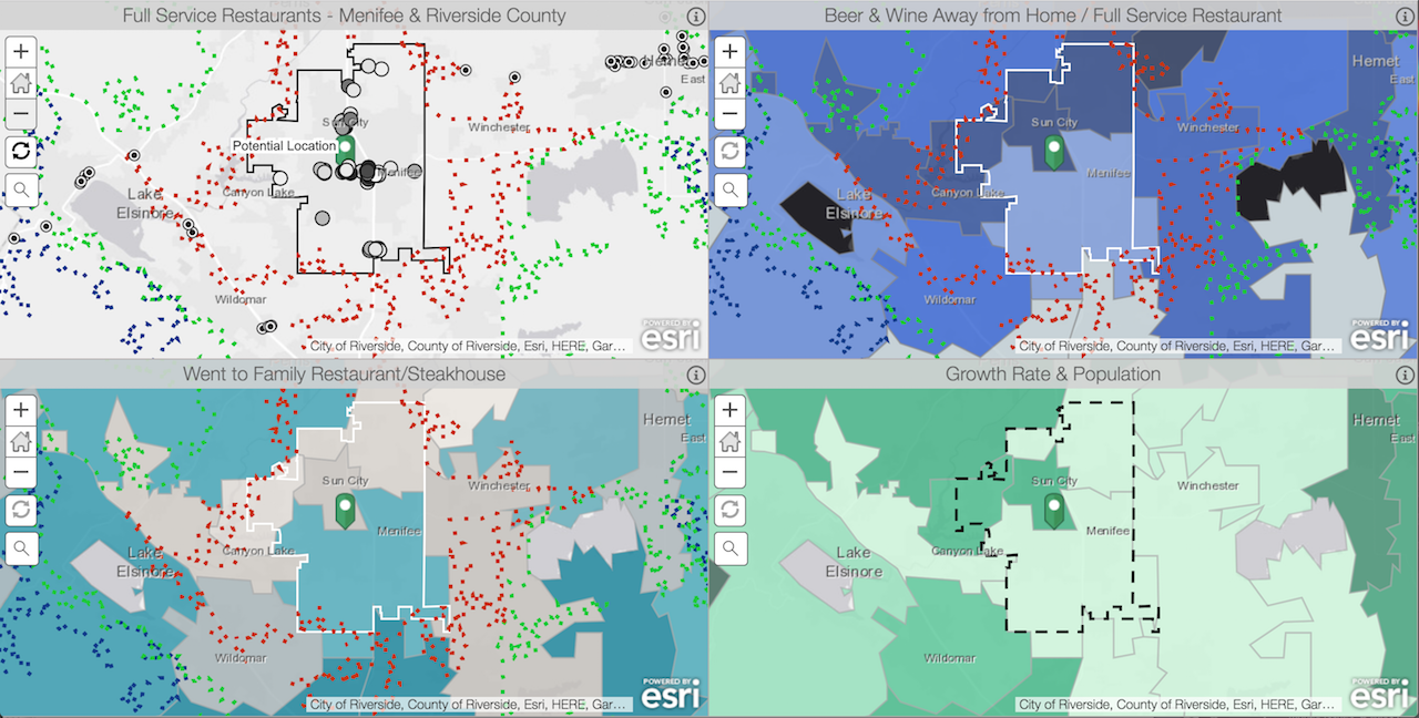 For a business owner trying to decide whether to open a second restaurant location or explore investment opportunities with other dining and entertainment options, I presented an analysis of the target geographic area and the dynamics surrounding the location's potential using ESRI Business Analyst . The business owner was able to view sales data from families who eat at comparable restaurants, analyze beer & wine sales in the area, and get unique insights by layering additional demographic and business data. With this report and other supplemental information, the business owner could make an informed decision about his next move.