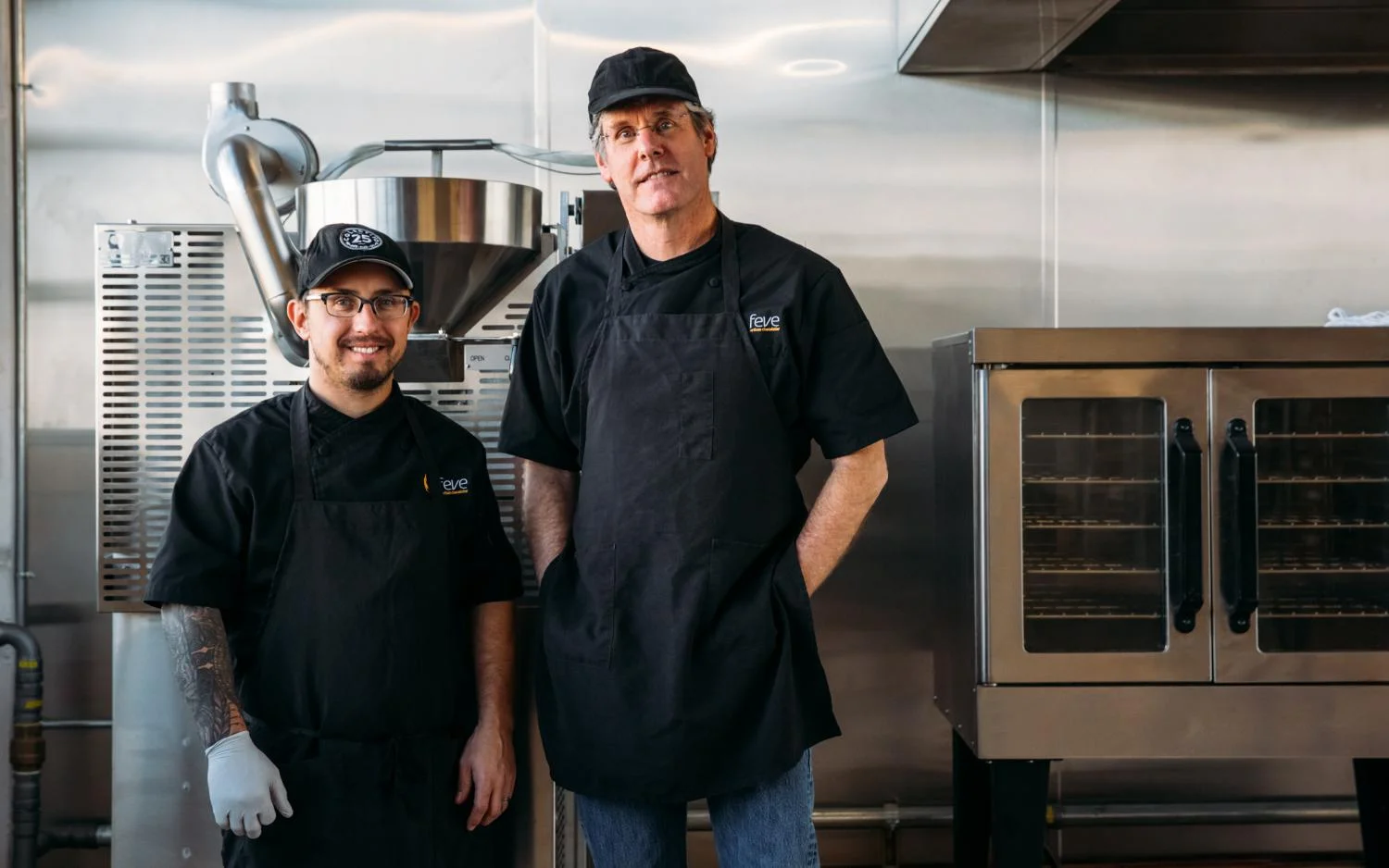 Founder and Head Chocolatier Shawn Williams, left, and President Bryon Sheets at Feve’s factory in San Francisco.