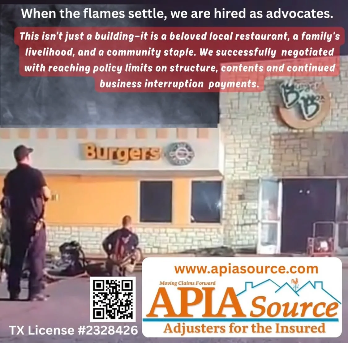 🔥💨When the smoke clears, that&rsquo;s when we enter the claim. This wasn&rsquo;t just a burger joint, it was a hometown favorite, a family&rsquo;s livelihood, and a big ol&rsquo; piece of the community.

After the fire, APIA Source was called in to